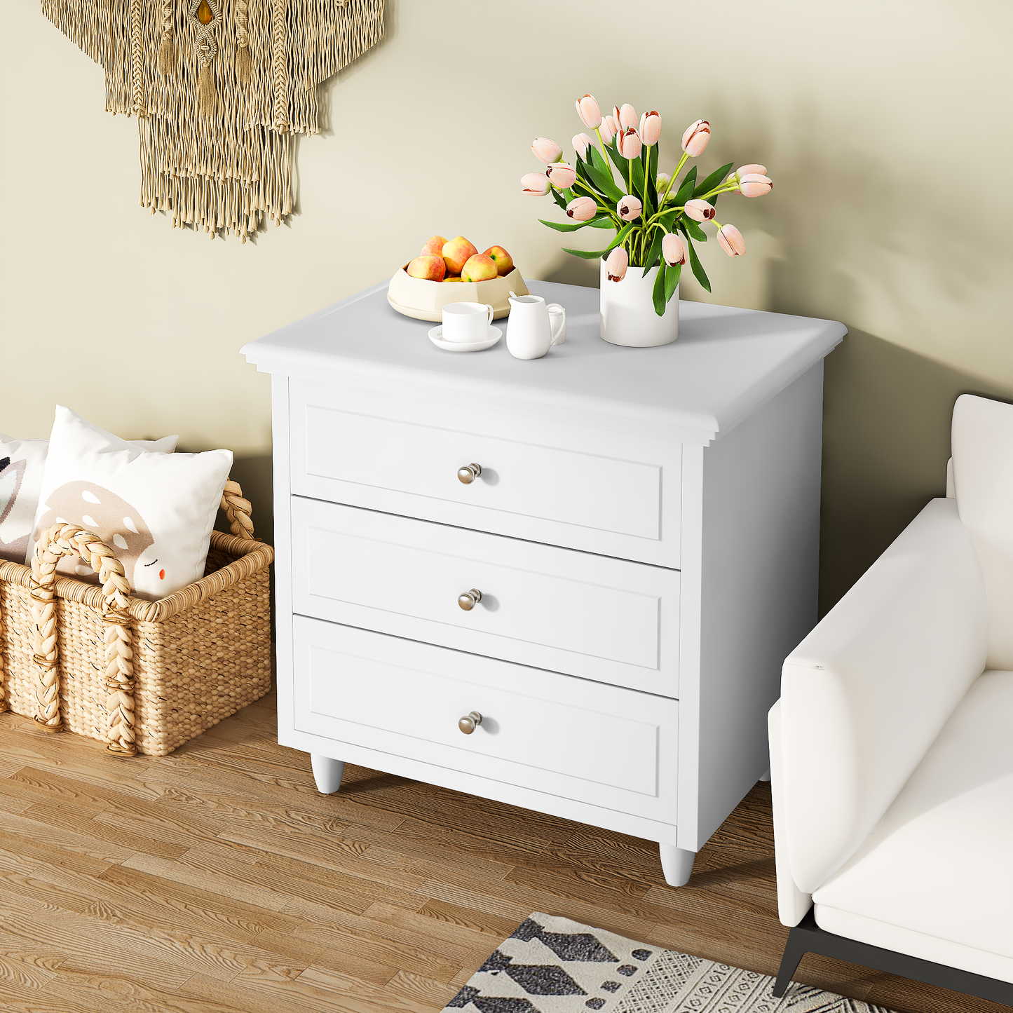 Furlinkhm 3 Drawers Nightstand, with Wood Legs,Modern White Drawers Dresser Bedside Nightstand,Ideal for Bedroom,Living Room, 15.75" D x 21.65" W x 23.6" H,White