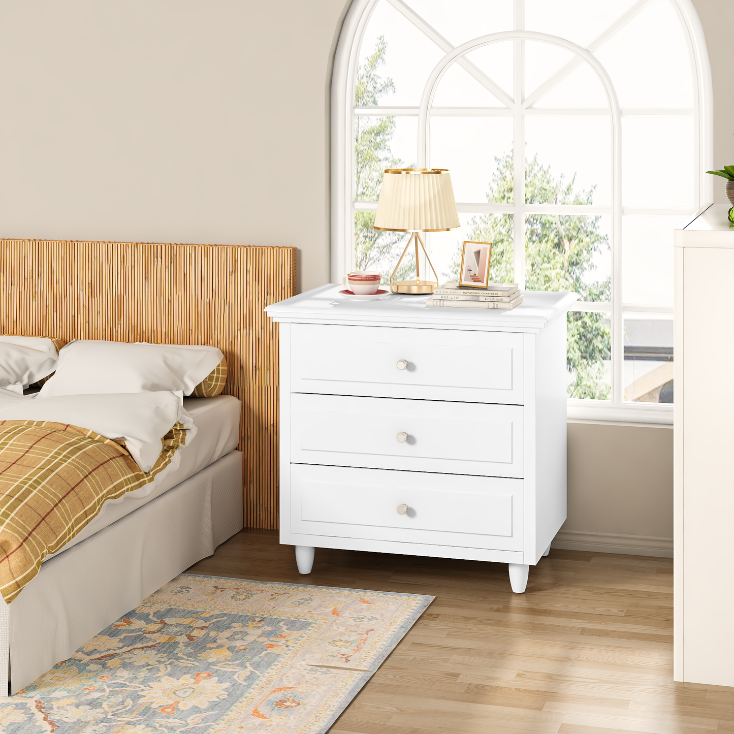 Furlinkhm 3 Drawers Nightstand, with Wood Legs,Modern White Drawers Dresser Bedside Nightstand,Ideal for Bedroom,Living Room, 15.75" D x 21.65" W x 23.6" H,White