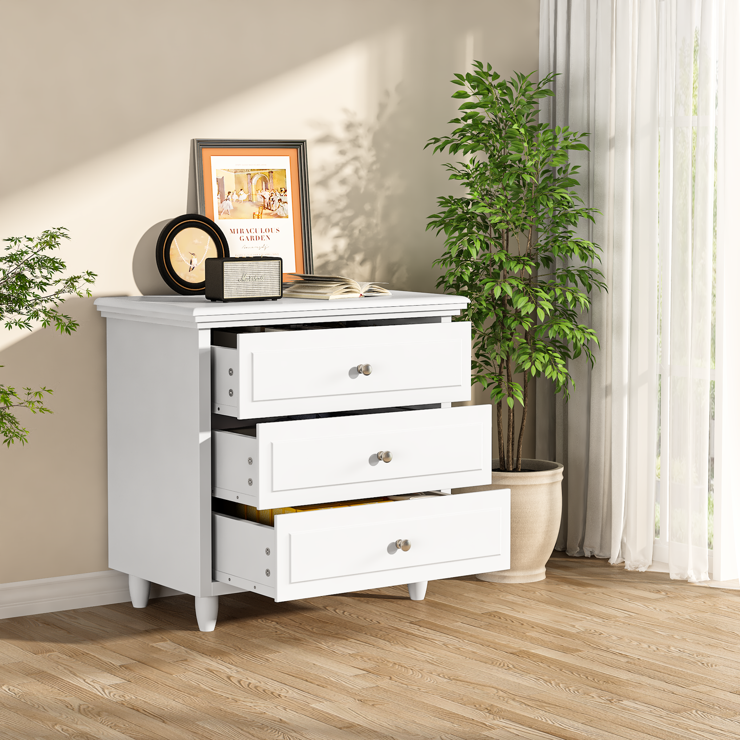 Furlinkhm 3 Drawers Nightstand, with Wood Legs,Modern White Drawers Dresser Bedside Nightstand,Ideal for Bedroom,Living Room, 15.75" D x 21.65" W x 23.6" H,White