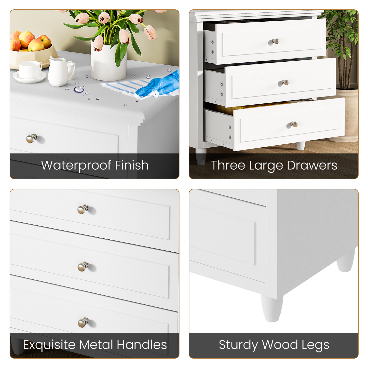 Furlinkhm 3 Drawers Nightstand, with Wood Legs,Modern White Drawers Dresser Bedside Nightstand,Ideal for Bedroom,Living Room, 15.75" D x 21.65" W x 23.6" H,White