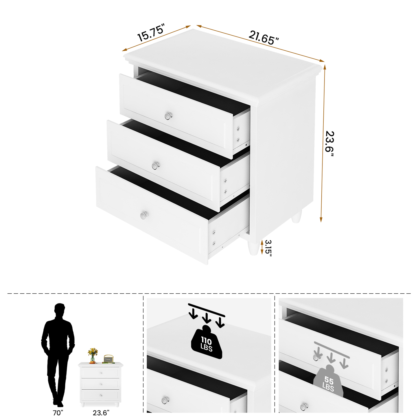 Furlinkhm 3 Drawers Nightstand, with Wood Legs,Modern White Drawers Dresser Bedside Nightstand,Ideal for Bedroom,Living Room, 15.75" D x 21.65" W x 23.6" H,White