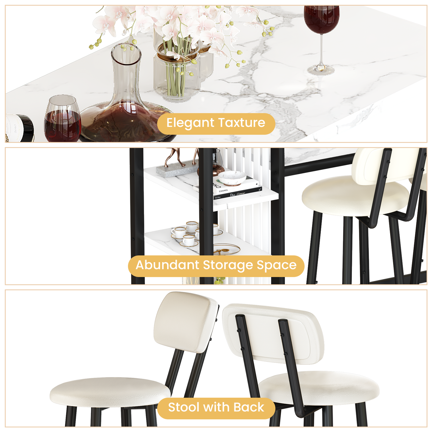 Furlinkhm 3-Piece Bar Table and Chairs Set, Modern White Faux Marble Table with 2 PU Cushion Bar Stools, Kitchen Counter with 3 Tier Storage Shelves, Space Saving Table for Home & Kitchen, Black Frame