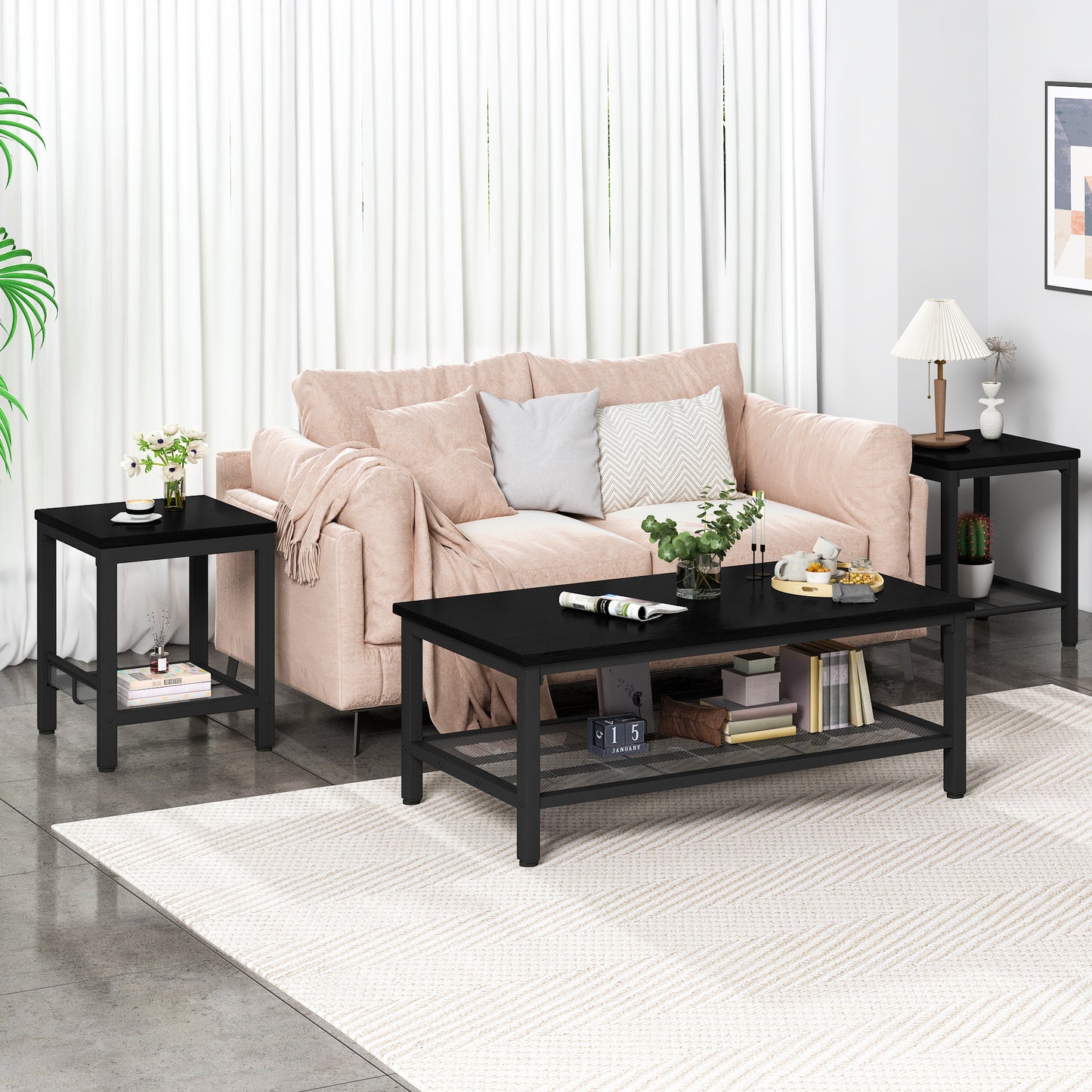 Furlinkhm 3 Pieces Living Room Table Set,Industrial Coffee Table with 2 Square End Side Tables,Coffee Table Set with Metal Frame for Apartment Home Office