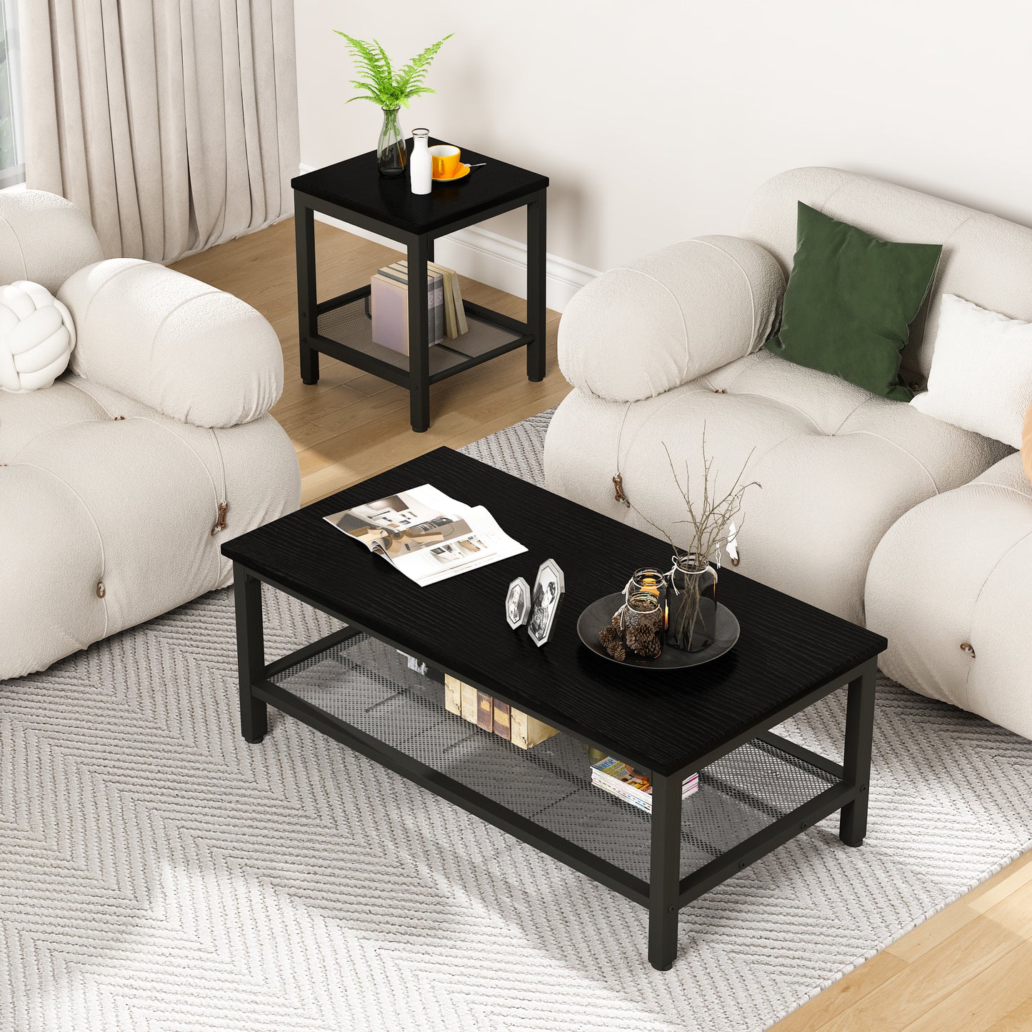 Furlinkhm 3 Pieces Living Room Table Set,Industrial Coffee Table with 2 Square End Side Tables,Coffee Table Set with Metal Frame for Apartment Home Office