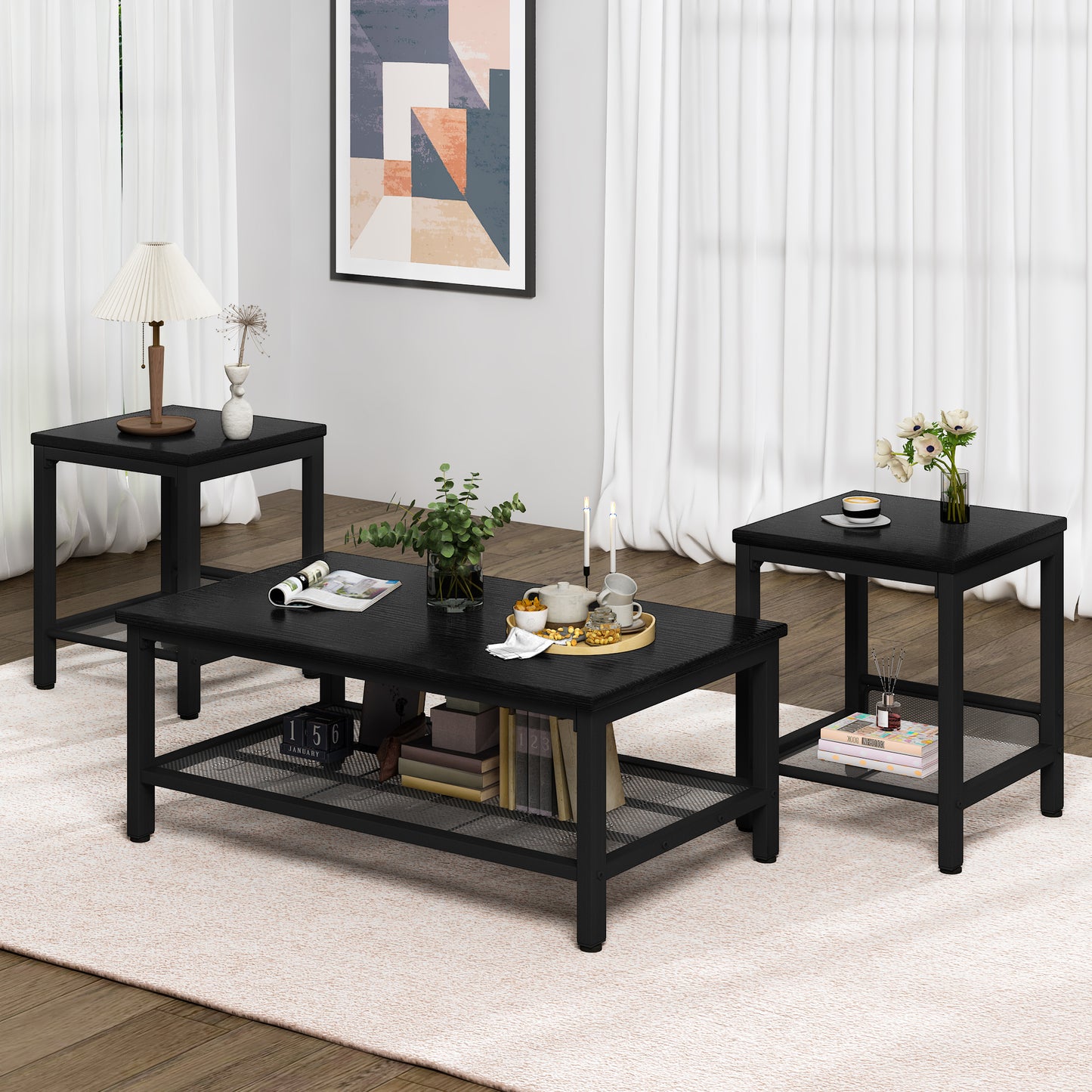 Furlinkhm 3 Pieces Living Room Table Set,Industrial Coffee Table with 2 Square End Side Tables,Coffee Table Set with Metal Frame for Apartment Home Office