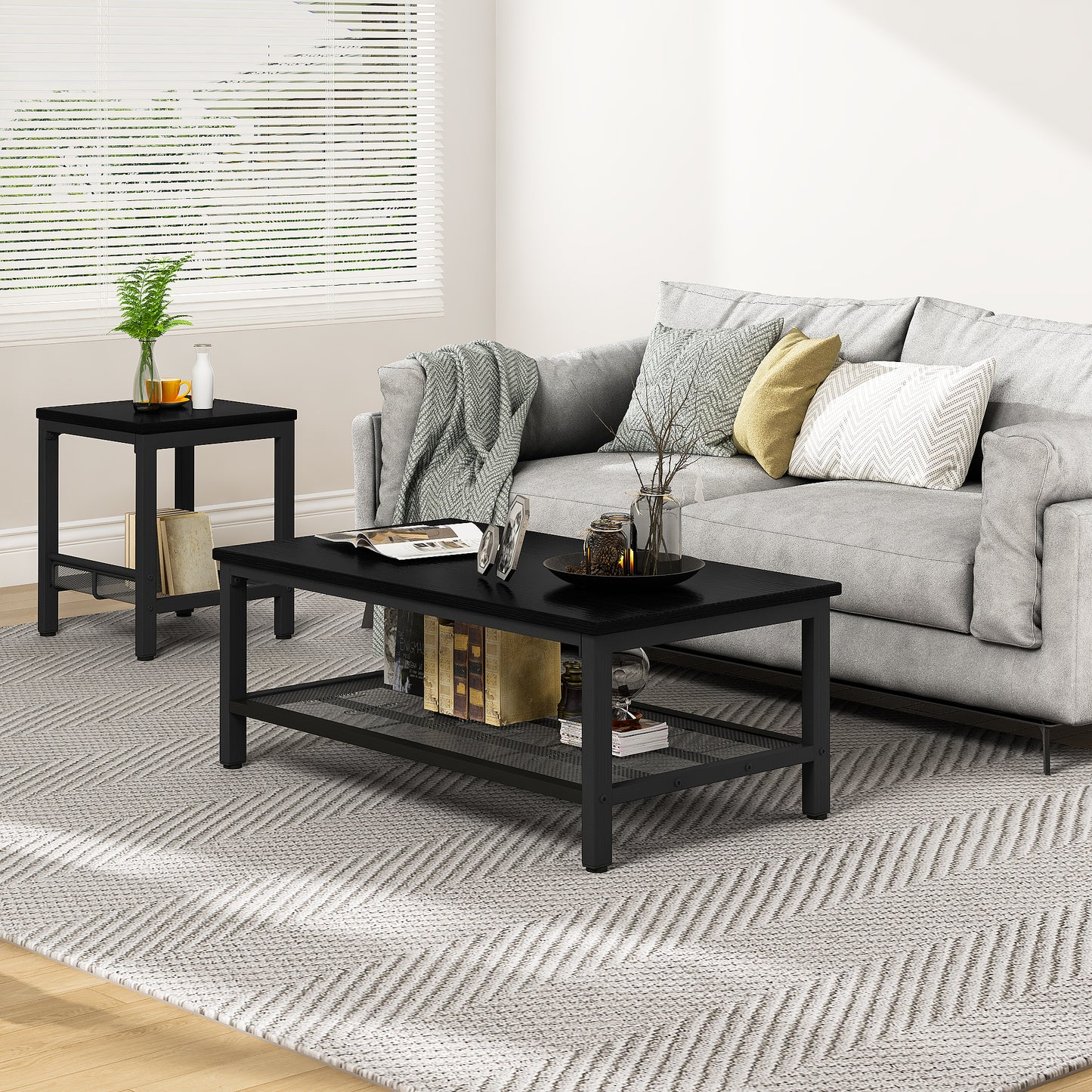 Furlinkhm 3 Pieces Living Room Table Set,Industrial Coffee Table with 2 Square End Side Tables,Coffee Table Set with Metal Frame for Apartment Home Office