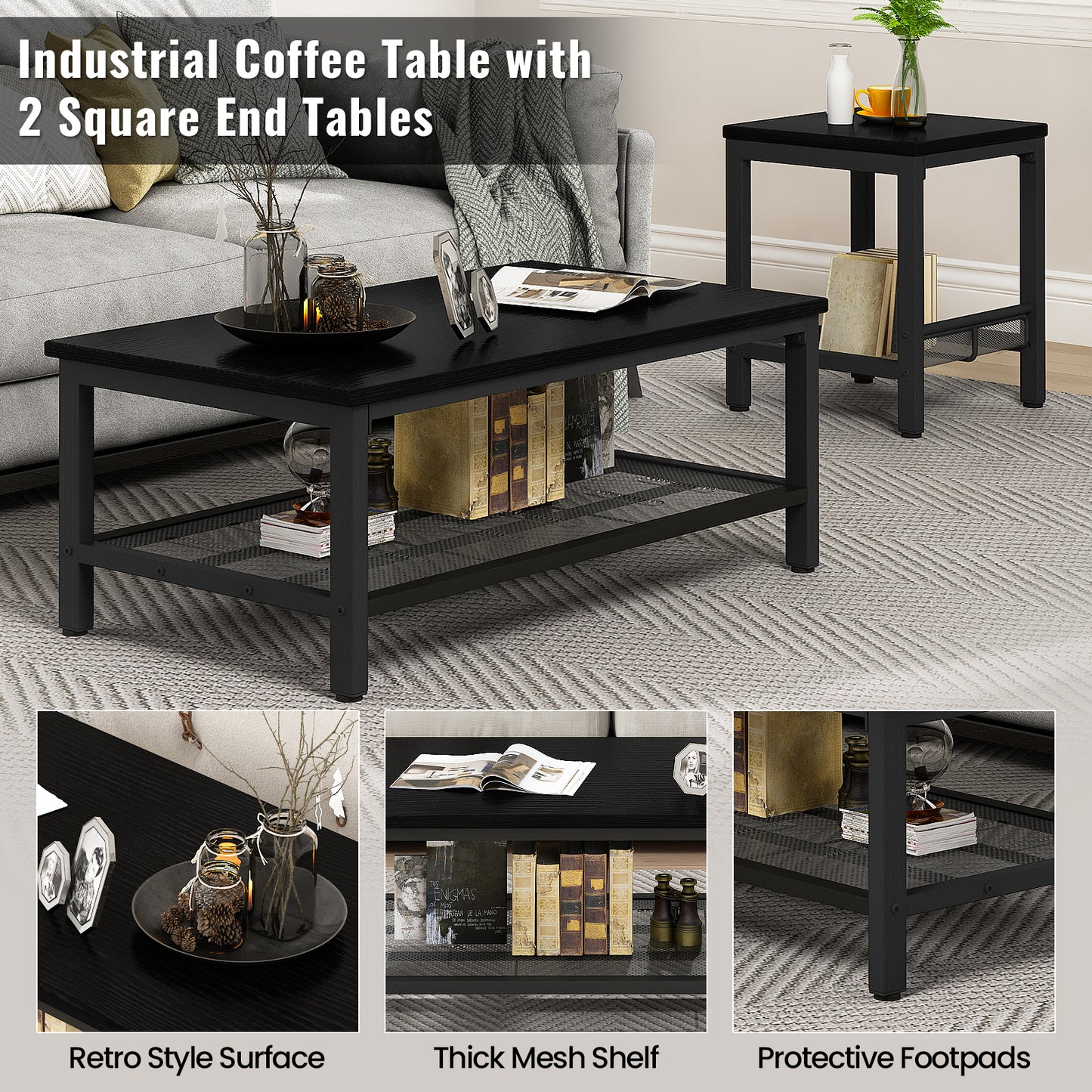 Furlinkhm 3 Pieces Living Room Table Set,Industrial Coffee Table with 2 Square End Side Tables,Coffee Table Set with Metal Frame for Apartment Home Office
