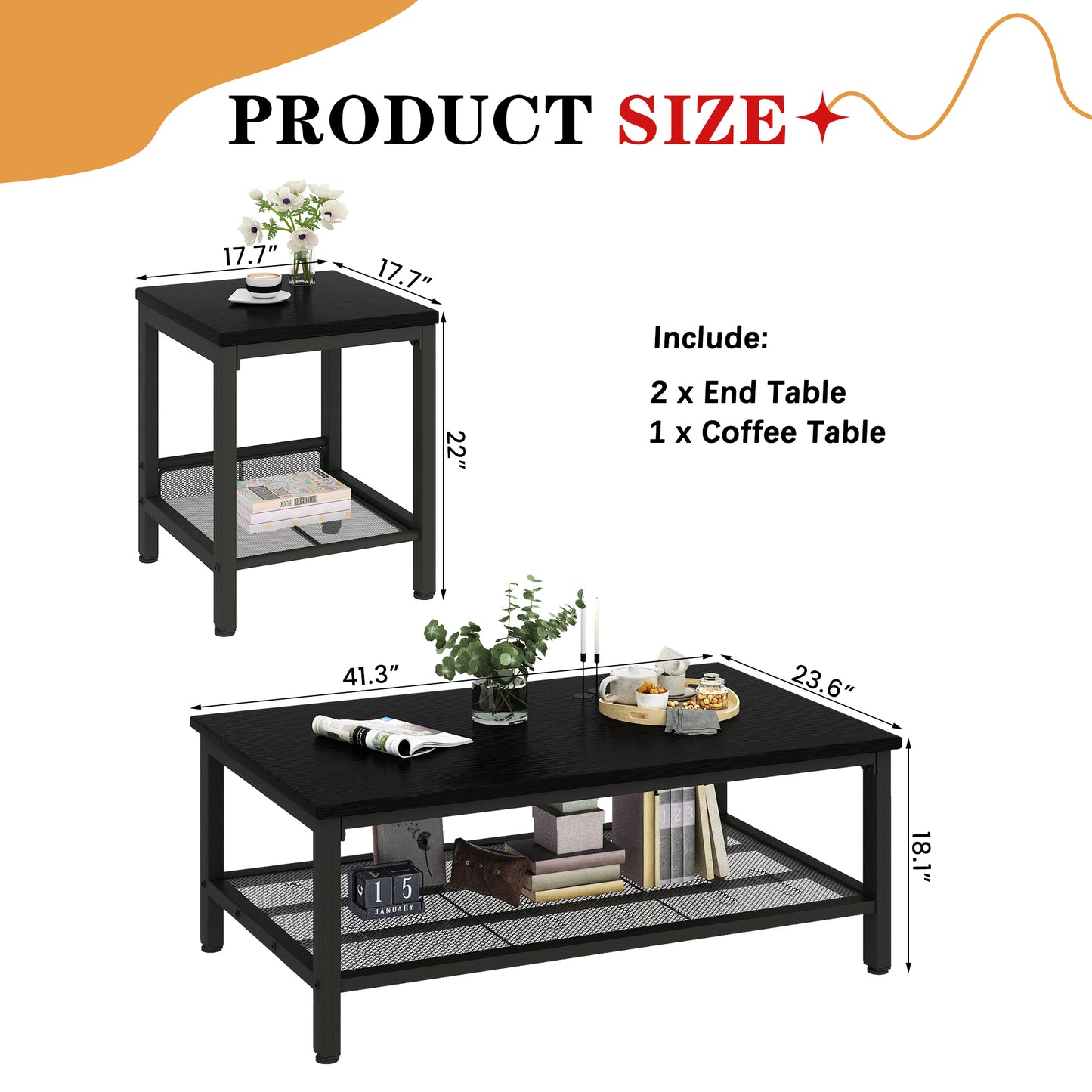 Furlinkhm 3 Pieces Living Room Table Set,Industrial Coffee Table with 2 Square End Side Tables,Coffee Table Set with Metal Frame for Apartment Home Office