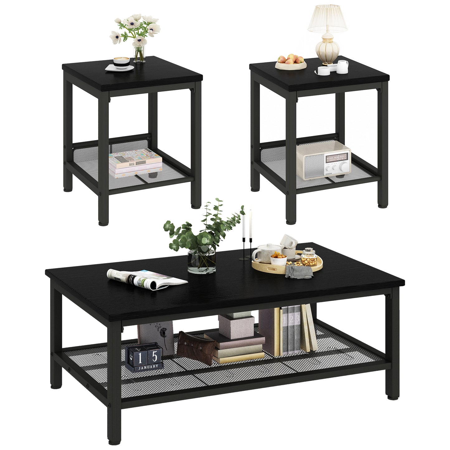 Furlinkhm 3 Pieces Living Room Table Set,Industrial Coffee Table with 2 Square End Side Tables,Coffee Table Set with Metal Frame for Apartment Home Office