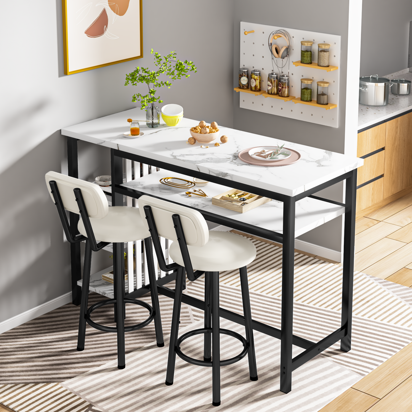 Furlinkhm 3-Piece Bar Table and Chairs Set, Modern White Faux Marble Table with 2 PU Cushion Bar Stools, Kitchen Counter with 3 Tier Storage Shelves, Space Saving Table for Home & Kitchen, Black Frame
