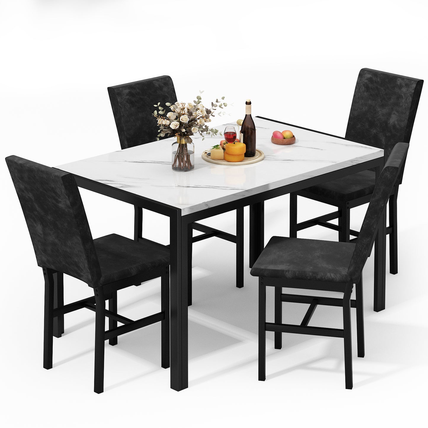 Furlinkhm Products 5-Piece Marble Dining Set, Modern Kitchen Table and Chairs for Dining Room, Compact Space Saving Furniture, Dinette, 4 Upholstered Velvet Chairs