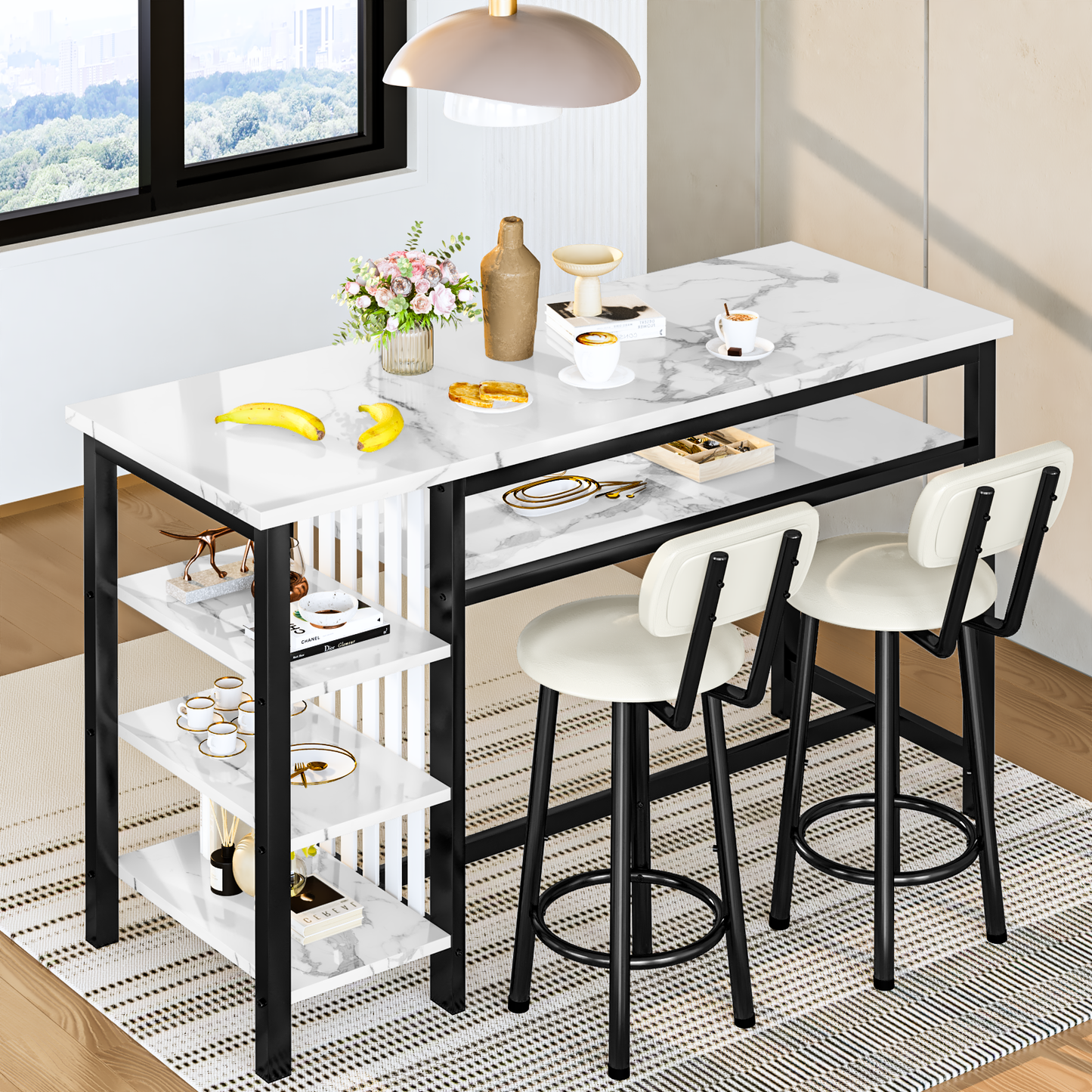 Furlinkhm 3-Piece Bar Table and Chairs Set, Modern White Faux Marble Table with 2 PU Cushion Bar Stools, Kitchen Counter with 3 Tier Storage Shelves, Space Saving Table for Home & Kitchen, Black Frame