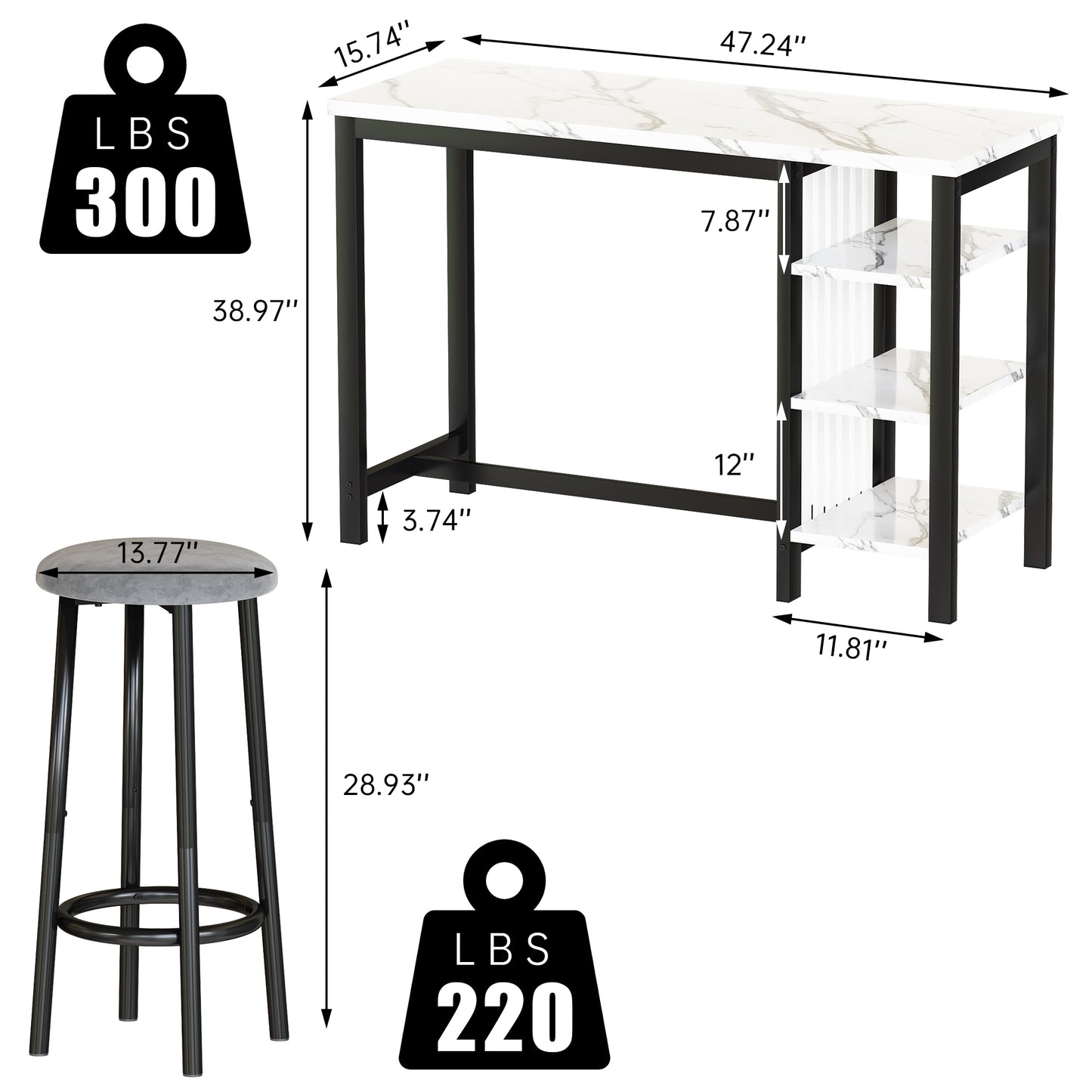 Furlinkhm Bar Table Set with Storage Shelves, 47" Modern White Faux Marble Breakfast Table with 2 Velvet Stools, 3-Piece Dining Set for 2, Space Saving Table for Kitchen/Dining Room/Living Room/Studio