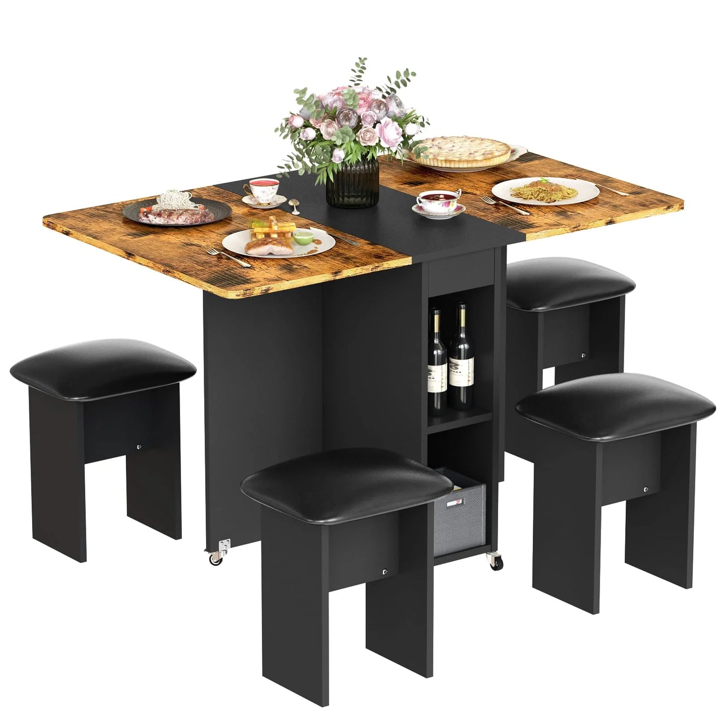 Furlinkhm Folding Dining Table Set for 4, Dinner Table with 4 Leather Chairs and Shelves, Space Saving Foldable Dining Table with 6 Wheels, Kitchen Table Set for Small Spaces