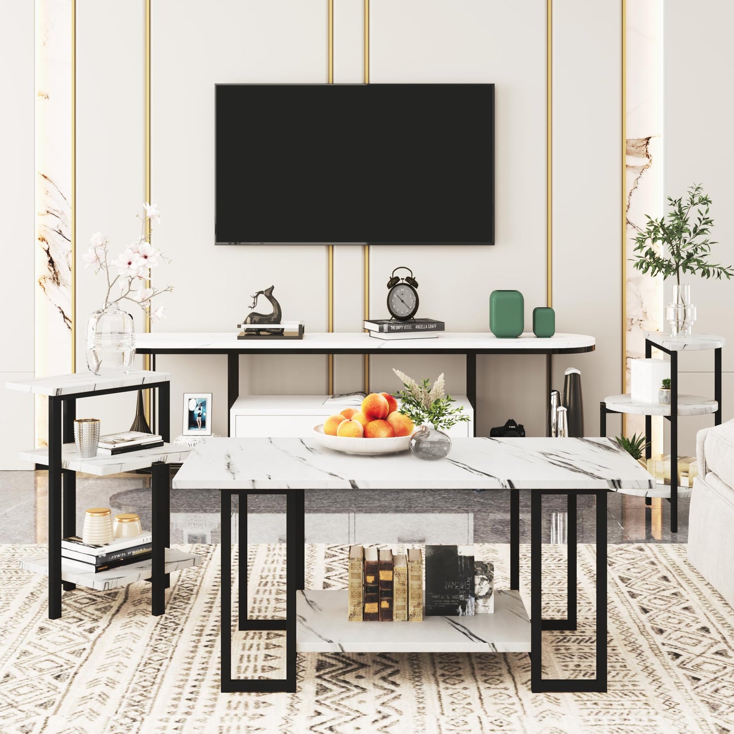 Furlinkhm Coffee Table Set of 3,Rectangle Coffee Table&2 Accent Table,Faux Marble Tabletop,3 Piece Living Room Table Sets with Multi Tier Storage, for Small Space, Apartment,White & Black