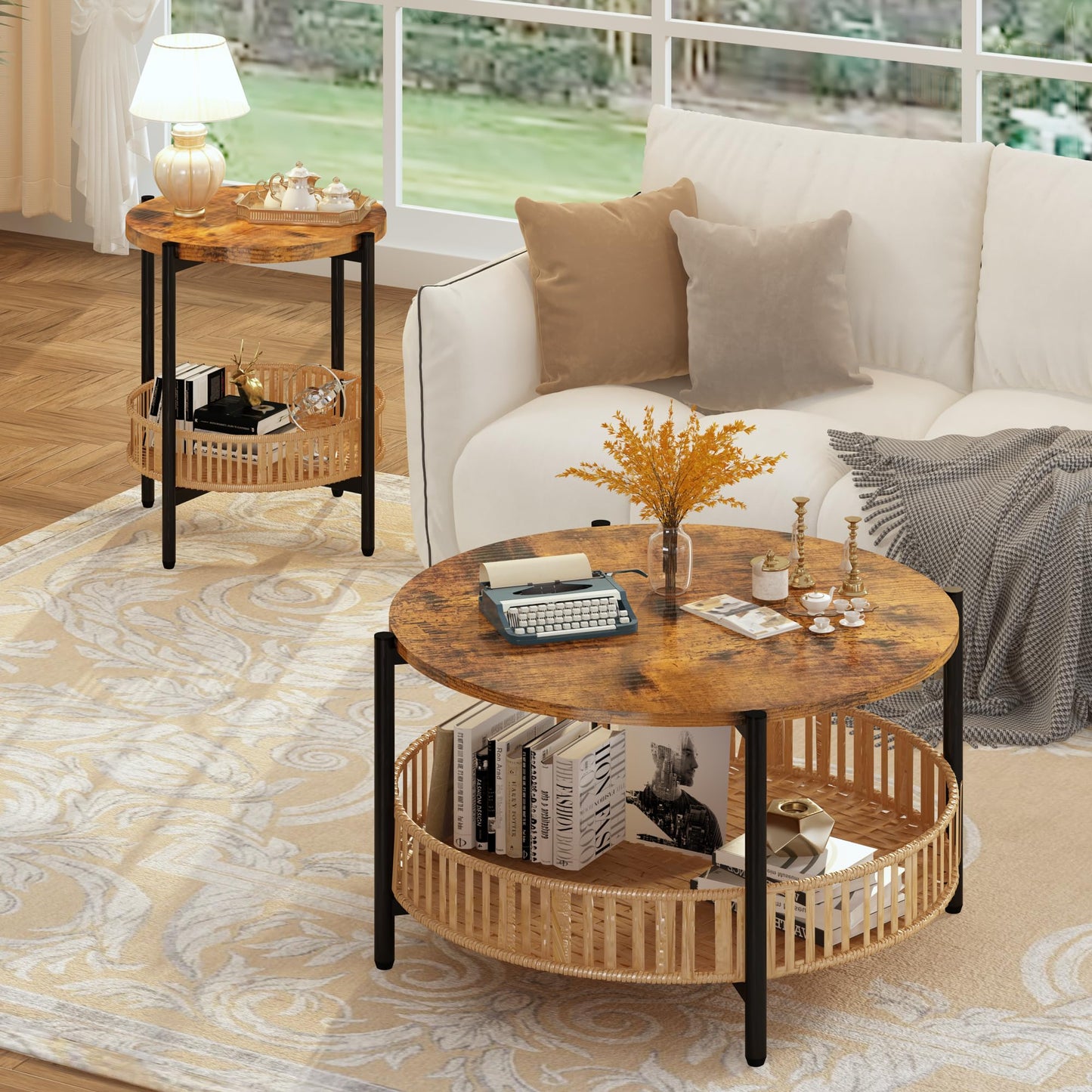 furlinkhm 3 Pieces Coffee Table Set for Living Room, Boho Living Room Table Set with Rattan Storage Shelf and Metal Frame, Round Coffee Table & 2 End Side Tables for Apartment Home Office