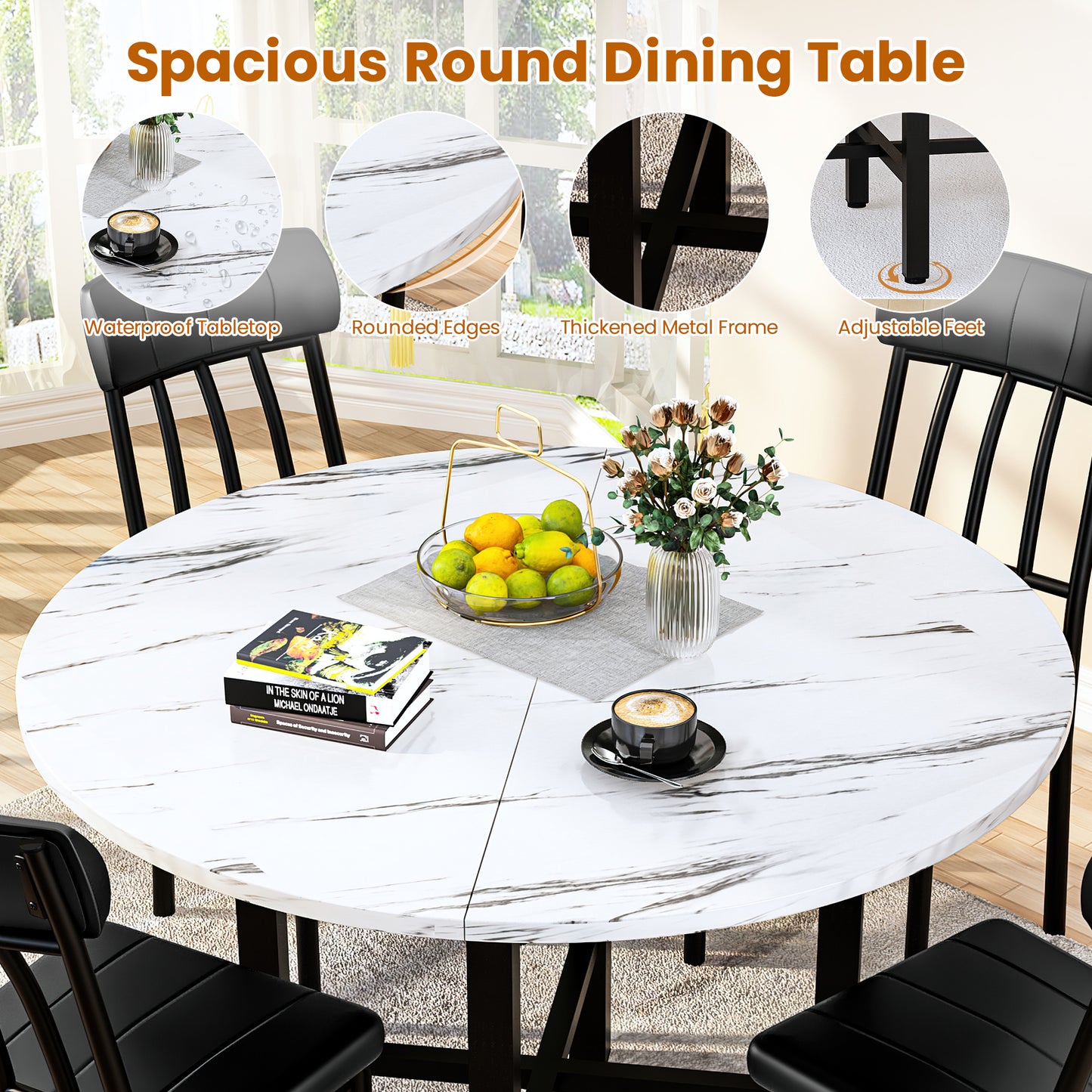 Furlinkhm Round Dining Table Set for 4,Round Kitchen Table and Chairs Set for 4,Modern Dining Room Table Set with 4 Faux Leather Chairs,Round Dinner Table for Small Space,Walnut