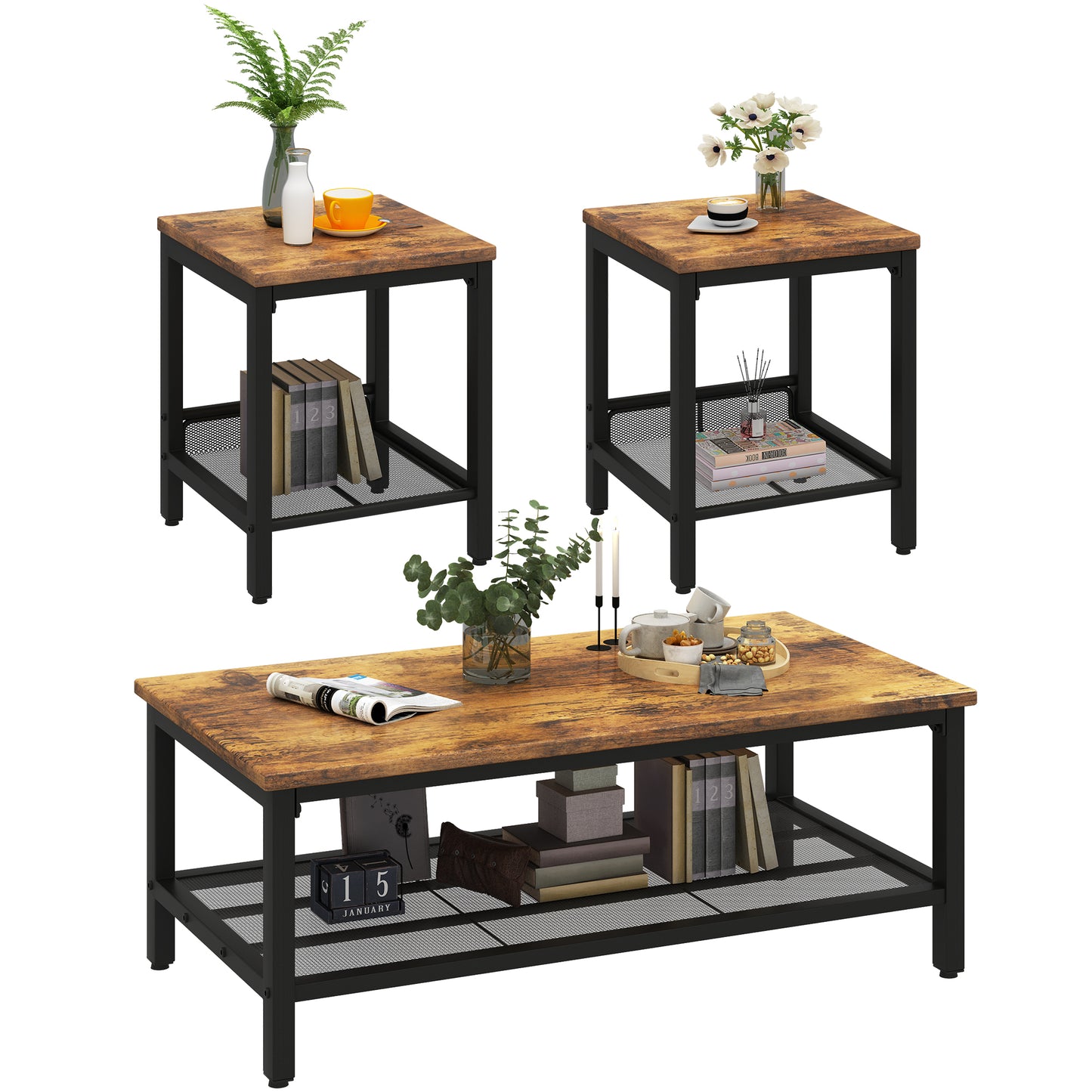 Furlinkhm 3 Pieces Living Room Table Set,Industrial Coffee Table with 2 Square End Side Tables,Coffee Table Set with Metal Frame for Apartment Home Office