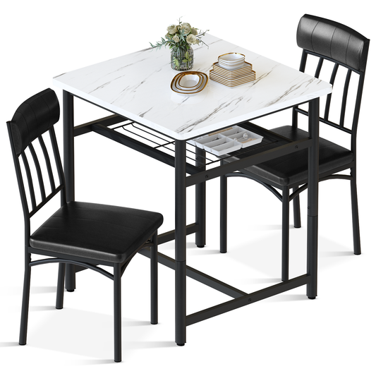 Furlinkhm Square Dining Table Set for 2,Compact Bistro Table with Upholstered Chairs, Space Saving Kitchen Breakfast Nook, Built-in Storage Rack 3-Piece Modern Dining Set for Kitchen&Dining