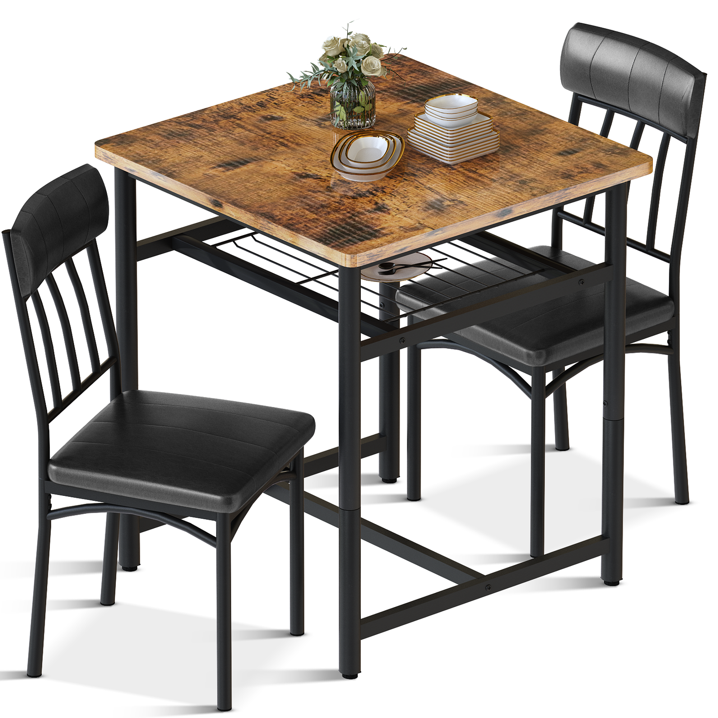 Furlinkhm Square Dining Table Set for 2,Compact Bistro Table with Upholstered Chairs, Space Saving Kitchen Breakfast Nook, Built-in Storage Rack 3-Piece Modern Dining Set for Kitchen&Dining