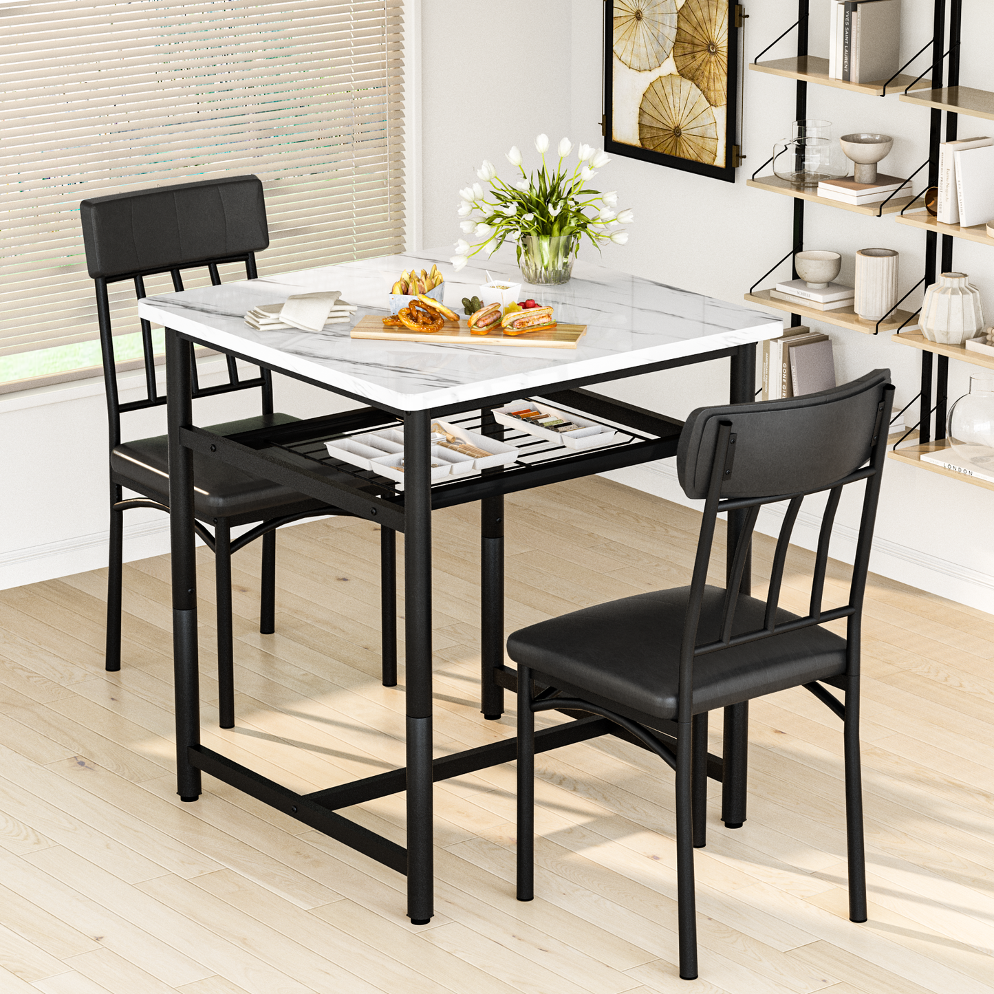 Furlinkhm Square Dining Table Set for 2,Compact Bistro Table with Upholstered Chairs, Space Saving Kitchen Breakfast Nook, Built-in Storage Rack 3-Piece Modern Dining Set for Kitchen&Dining