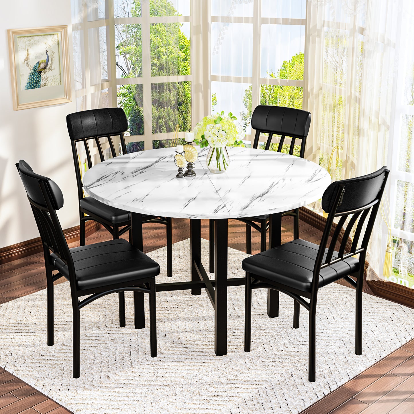 Furlinkhm Round Dining Table Set for 4,Round Kitchen Table and Chairs Set for 4,Modern Dining Room Table Set with 4 Faux Leather Chairs,Round Dinner Table for Small Space,Walnut