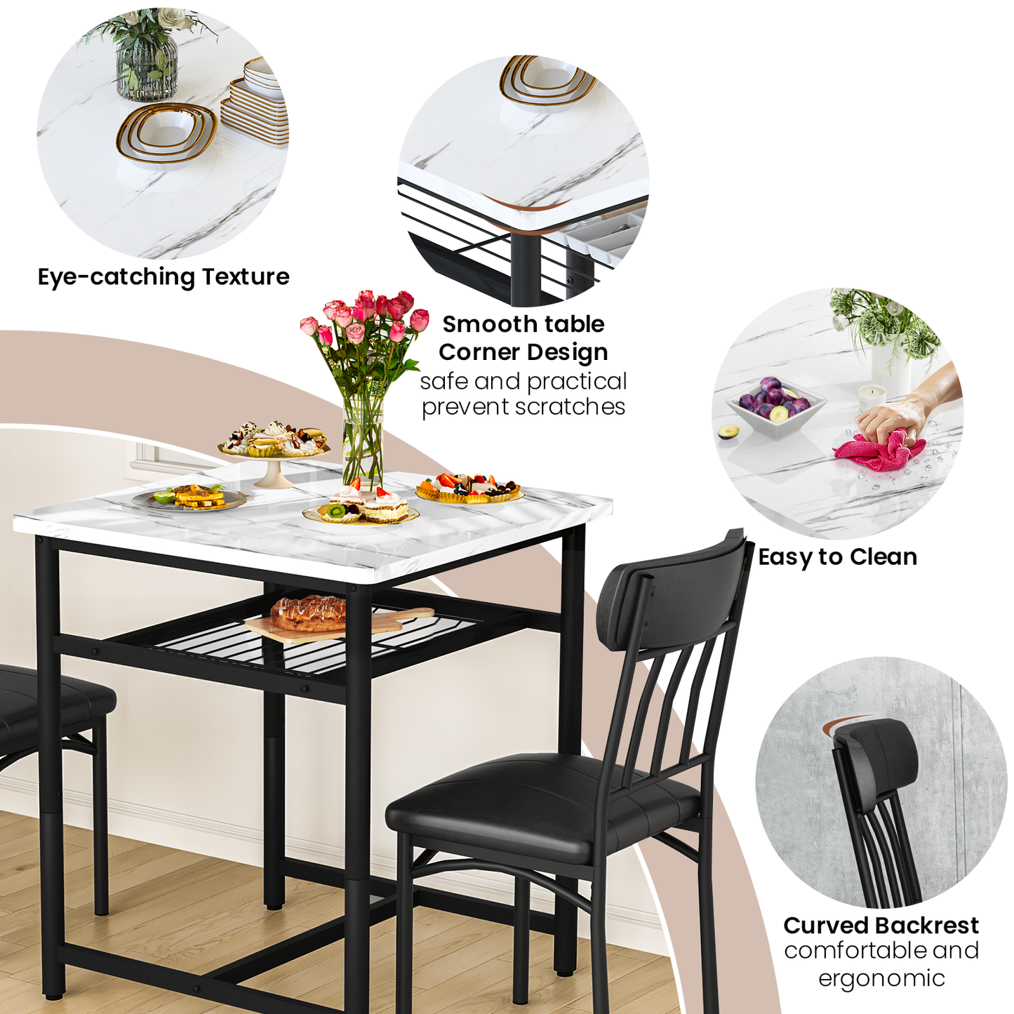 Furlinkhm Square Dining Table Set for 2,Compact Bistro Table with Upholstered Chairs, Space Saving Kitchen Breakfast Nook, Built-in Storage Rack 3-Piece Modern Dining Set for Kitchen&Dining