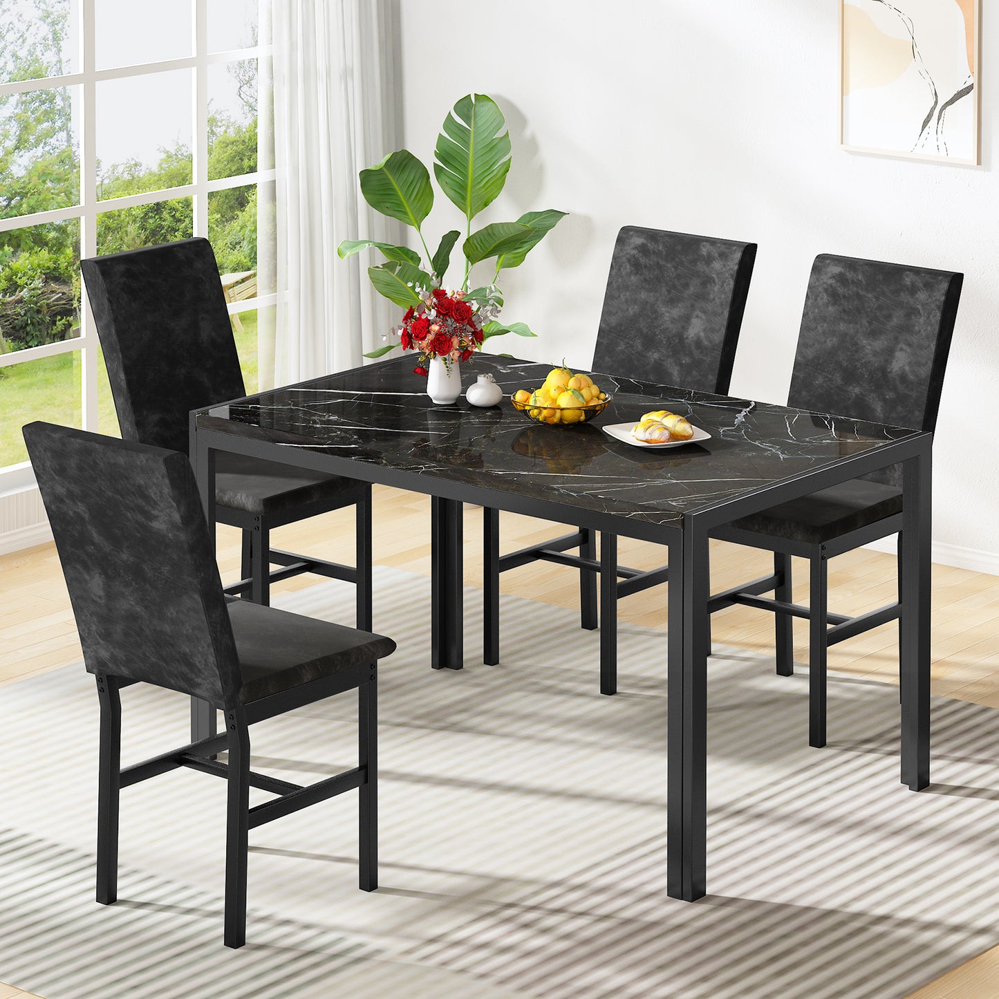 Furlinkhm Products 5-Piece Marble Dining Set, Modern Kitchen Table and Chairs for Dining Room, Compact Space Saving Furniture, Dinette, 4 Upholstered Velvet Chairs