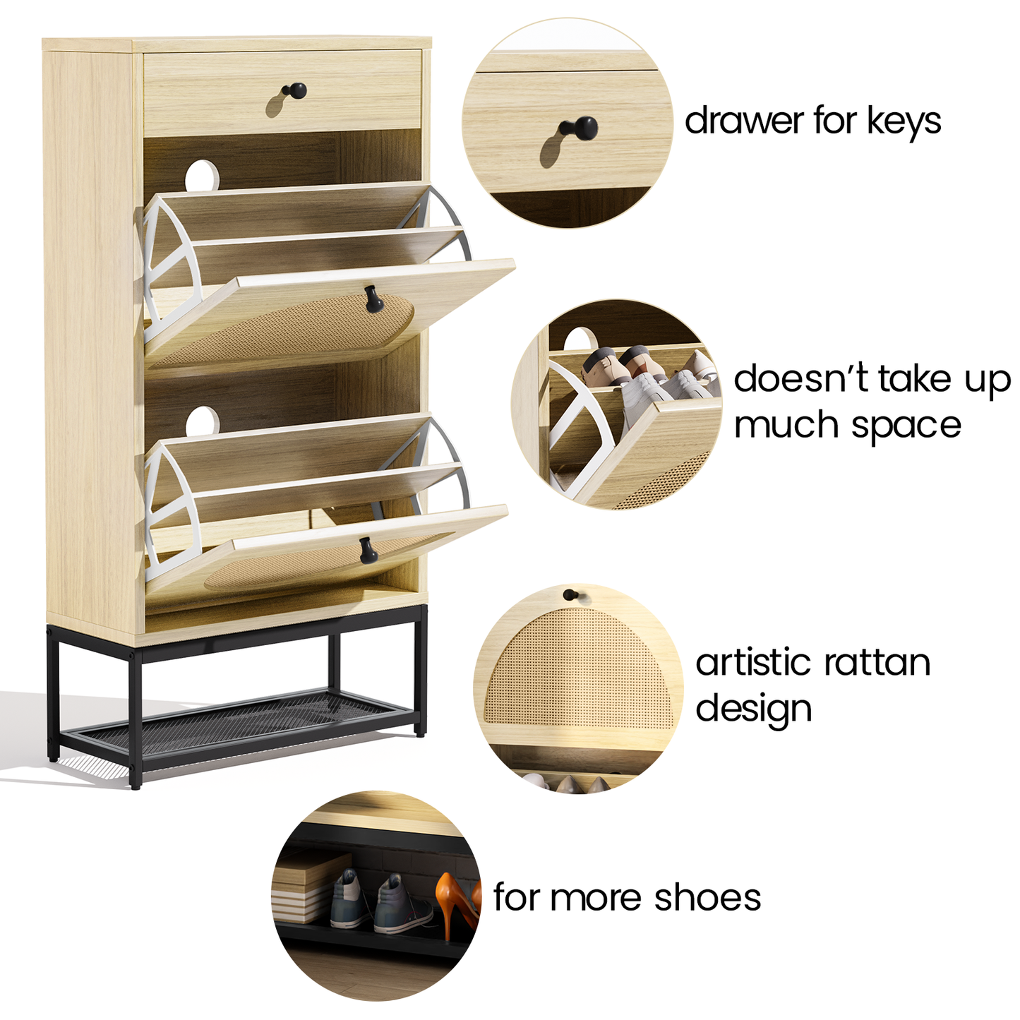 Furlinkhm Natural Rattan Shoe Cabinet with 2 Flip Drawers and 1 Pull Drawer, Slim Shoe Storage Cabinet Entrance Hallway Free Standing Shoe Rack with Metal Frame for Sneaker, Sandal, Boot, Slipper