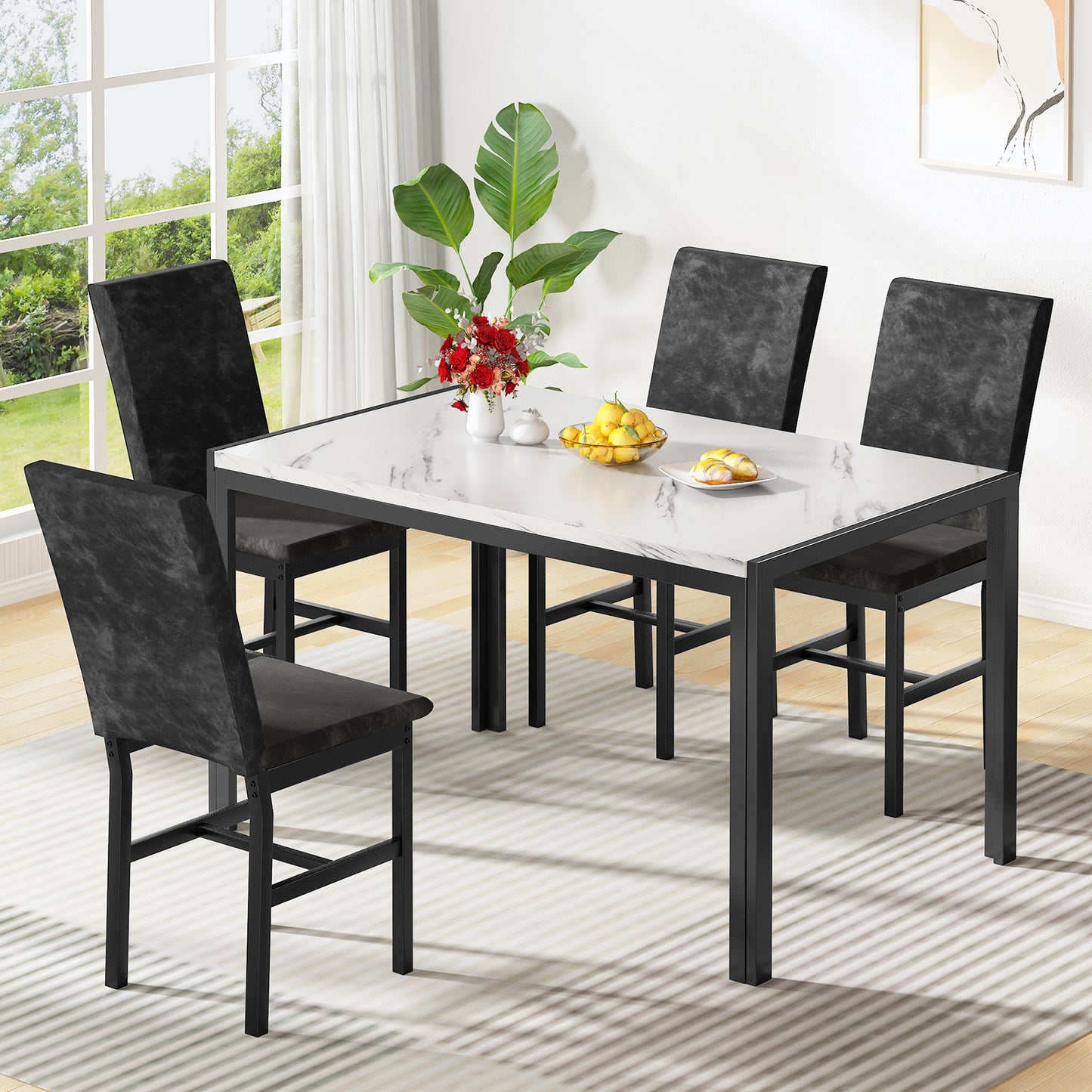 Furlinkhm Products 5-Piece Marble Dining Set, Modern Kitchen Table and Chairs for Dining Room, Compact Space Saving Furniture, Dinette, 4 Upholstered Velvet Chairs