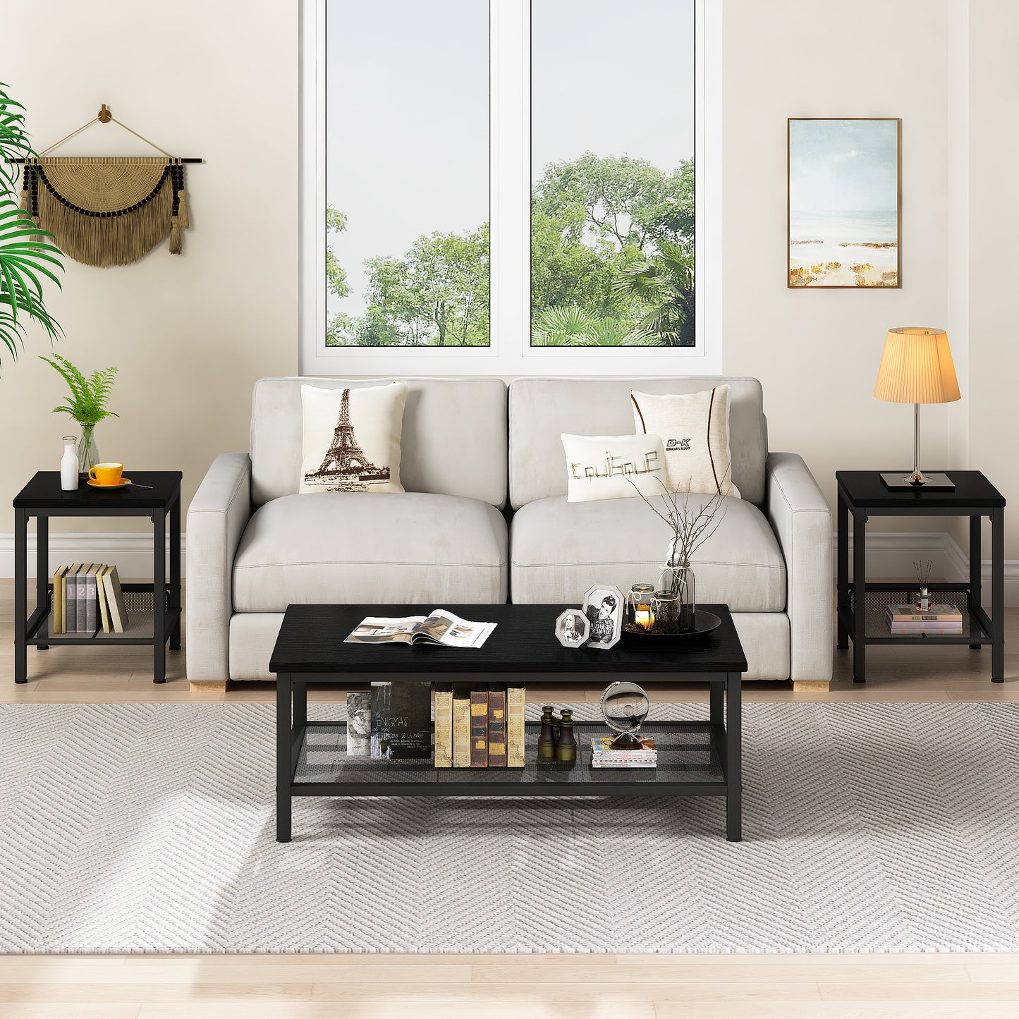 Furlinkhm 3 Pieces Living Room Table Set,Industrial Coffee Table with 2 Square End Side Tables,Coffee Table Set with Metal Frame for Apartment Home Office