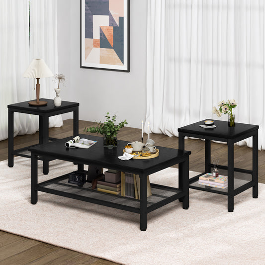 Furlinkhm 3 Pieces Living Room Table Set,Industrial Coffee Table with 2 Square End Side Tables,Coffee Table Set with Metal Frame for Apartment Home Office