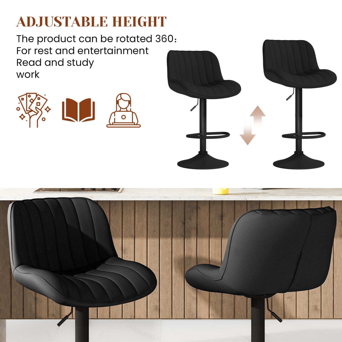 Furlinkhm Modern Bar Stool Set of 2, Adjustable Faux Leather Upholstered Swivel Counter Stools, Counter Height Barstools with Back for Kitchen Island Design Furniture