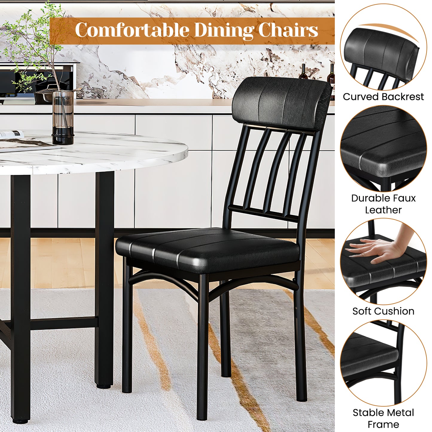 Furlinkhm Round Dining Table Set for 4,Round Kitchen Table and Chairs Set for 4,Modern Dining Room Table Set with 4 Faux Leather Chairs,Round Dinner Table for Small Space,Walnut