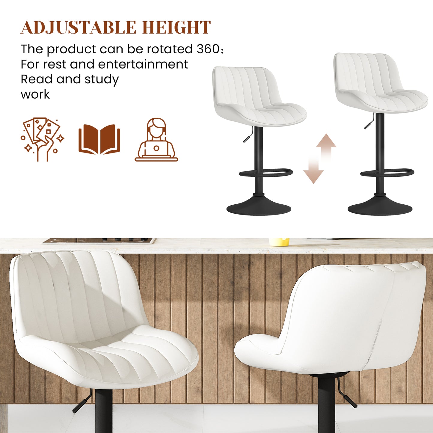 Furlinkhm Modern Bar Stool Set of 2, Adjustable Faux Leather Upholstered Swivel Counter Stools, Counter Height Barstools with Back for Kitchen Island Design Furniture