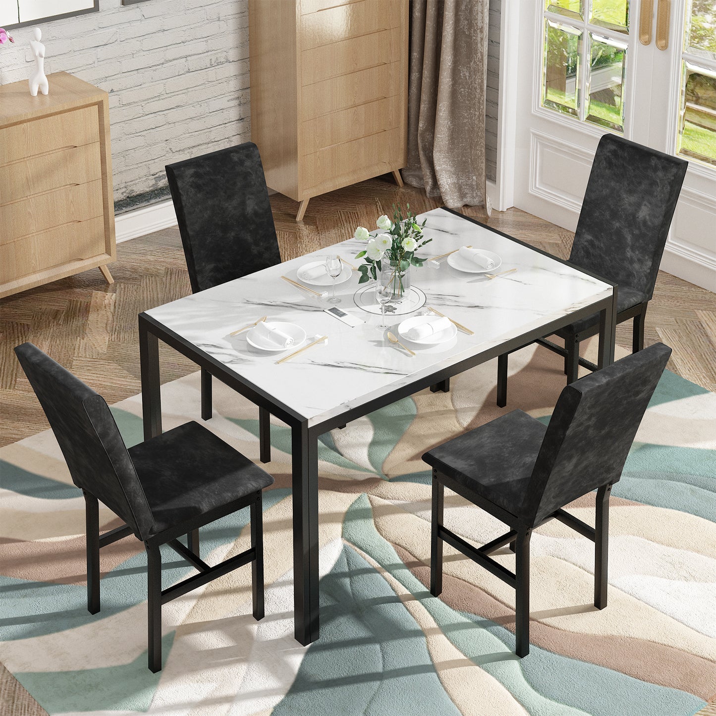 Furlinkhm Products 5-Piece Marble Dining Set, Modern Kitchen Table and Chairs for Dining Room, Compact Space Saving Furniture, Dinette, 4 Upholstered Velvet Chairs