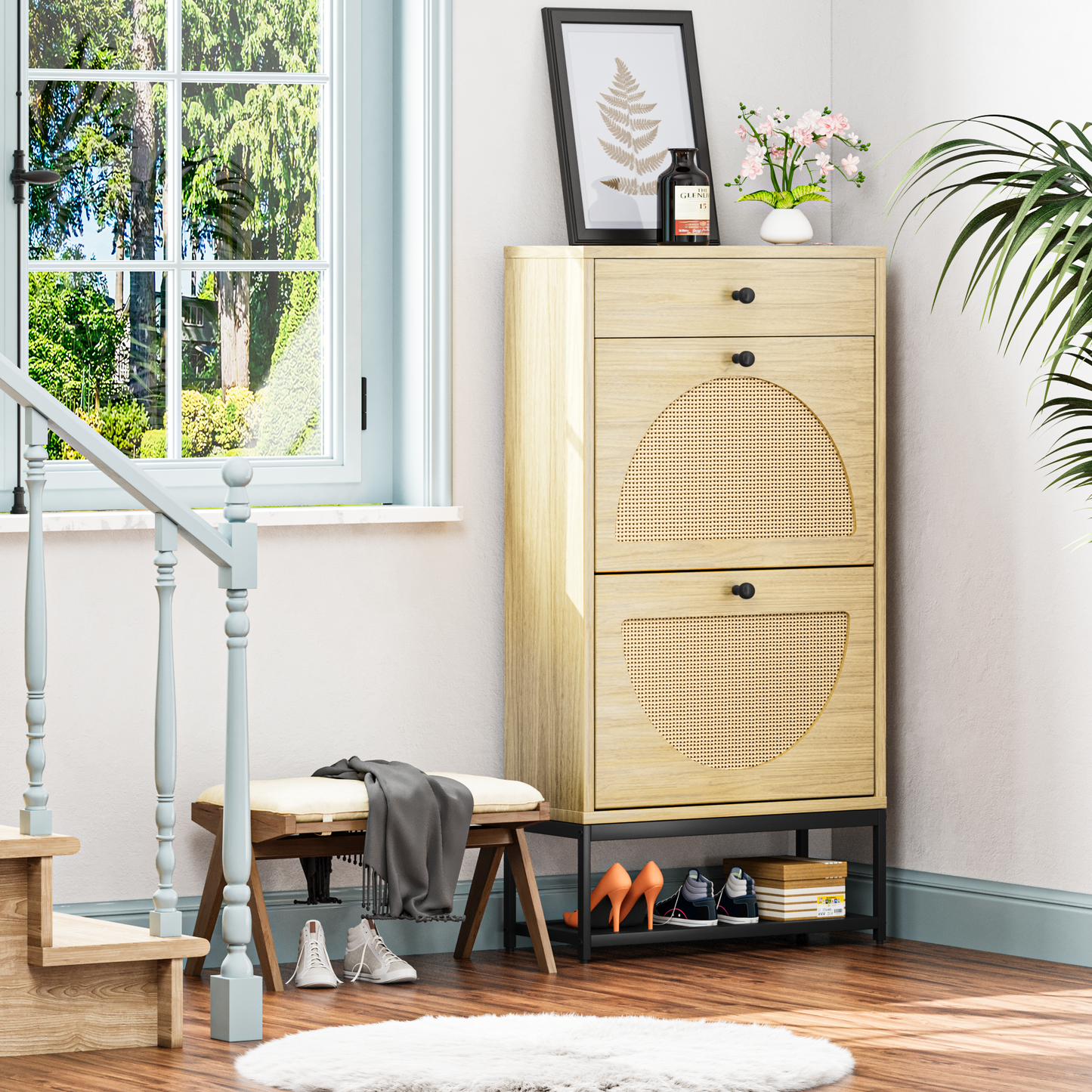 Furlinkhm Natural Rattan Shoe Cabinet with 2 Flip Drawers and 1 Pull Drawer, Slim Shoe Storage Cabinet Entrance Hallway Free Standing Shoe Rack with Metal Frame for Sneaker, Sandal, Boot, Slipper