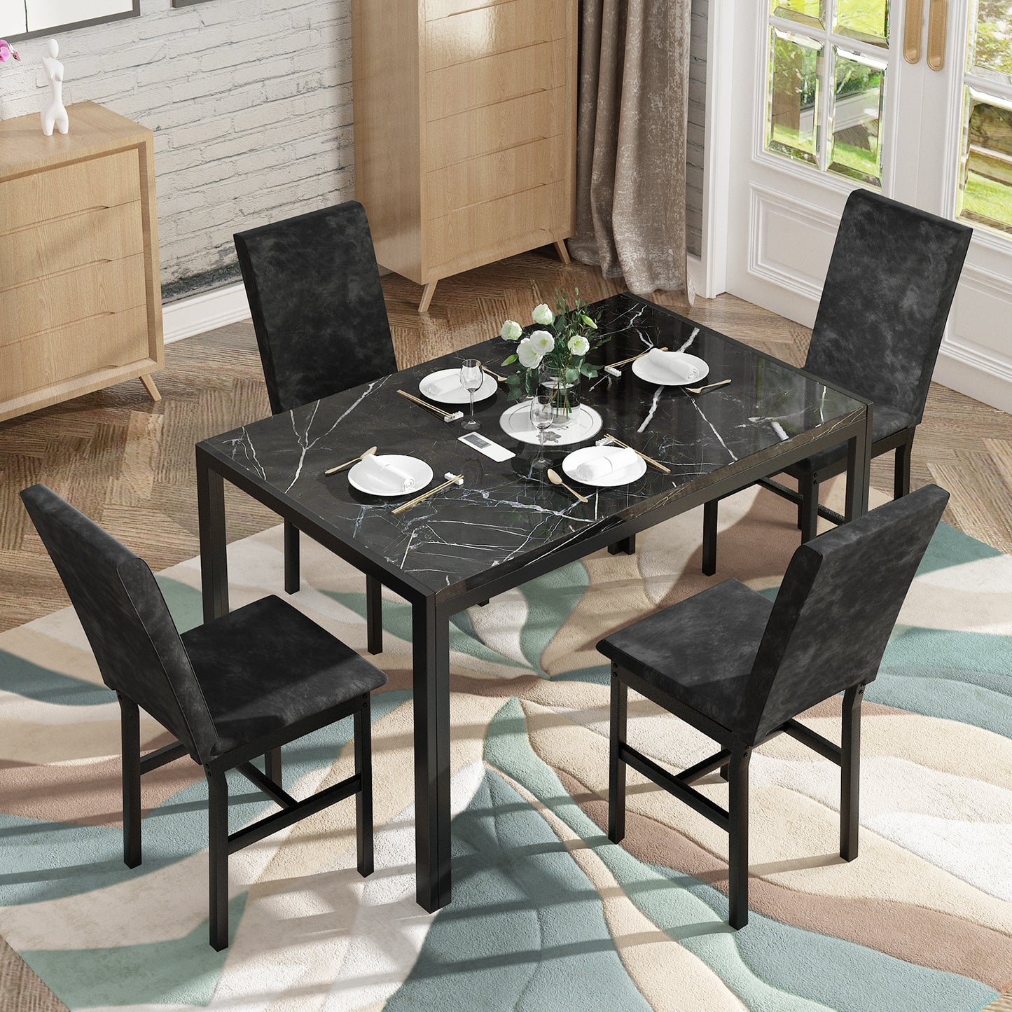 Furlinkhm Products 5-Piece Marble Dining Set, Modern Kitchen Table and Chairs for Dining Room, Compact Space Saving Furniture, Dinette, 4 Upholstered Velvet Chairs