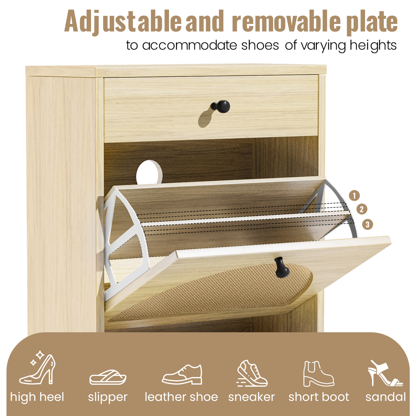 Furlinkhm Natural Rattan Shoe Cabinet with 2 Flip Drawers and 1 Pull Drawer, Slim Shoe Storage Cabinet Entrance Hallway Free Standing Shoe Rack with Metal Frame for Sneaker, Sandal, Boot, Slipper
