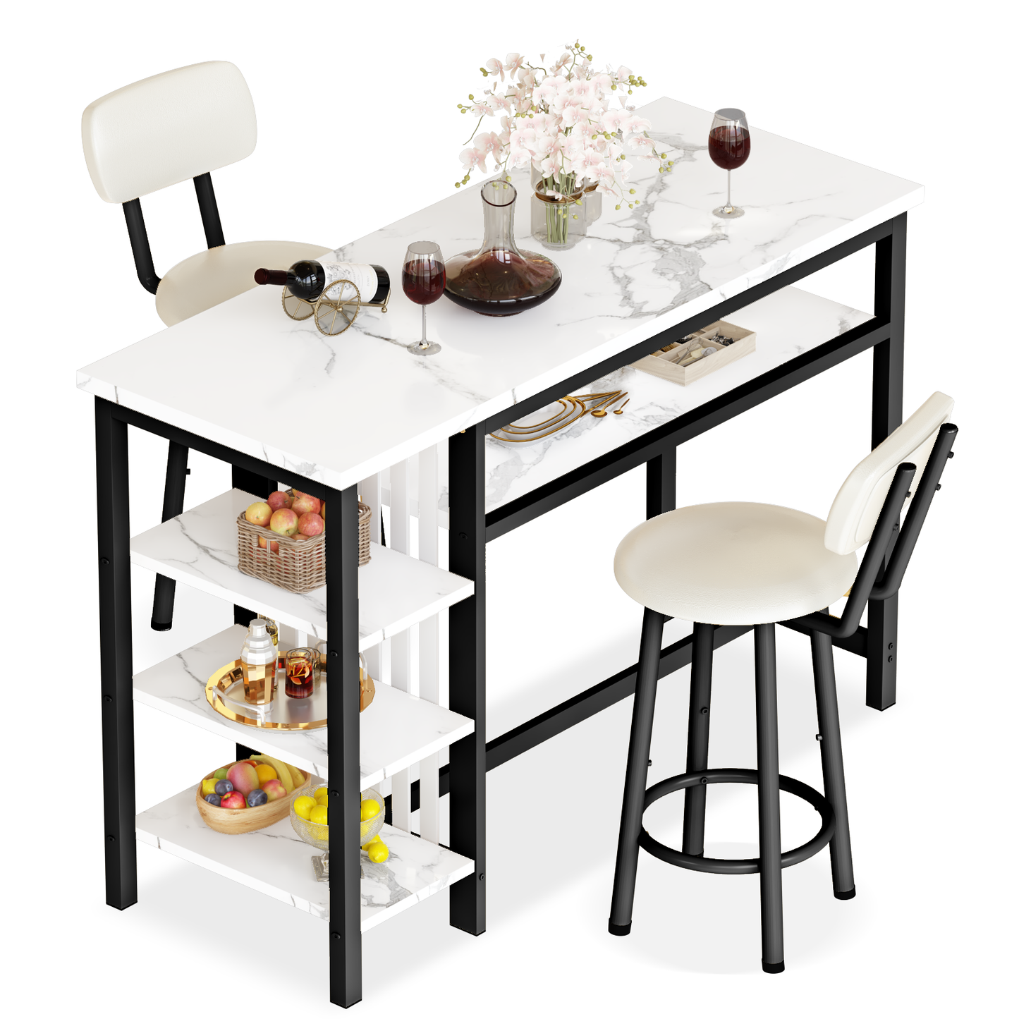 Furlinkhm 3-Piece Bar Table and Chairs Set, Modern White Faux Marble Table with 2 PU Cushion Bar Stools, Kitchen Counter with 3 Tier Storage Shelves, Space Saving Table for Home & Kitchen, Black Frame