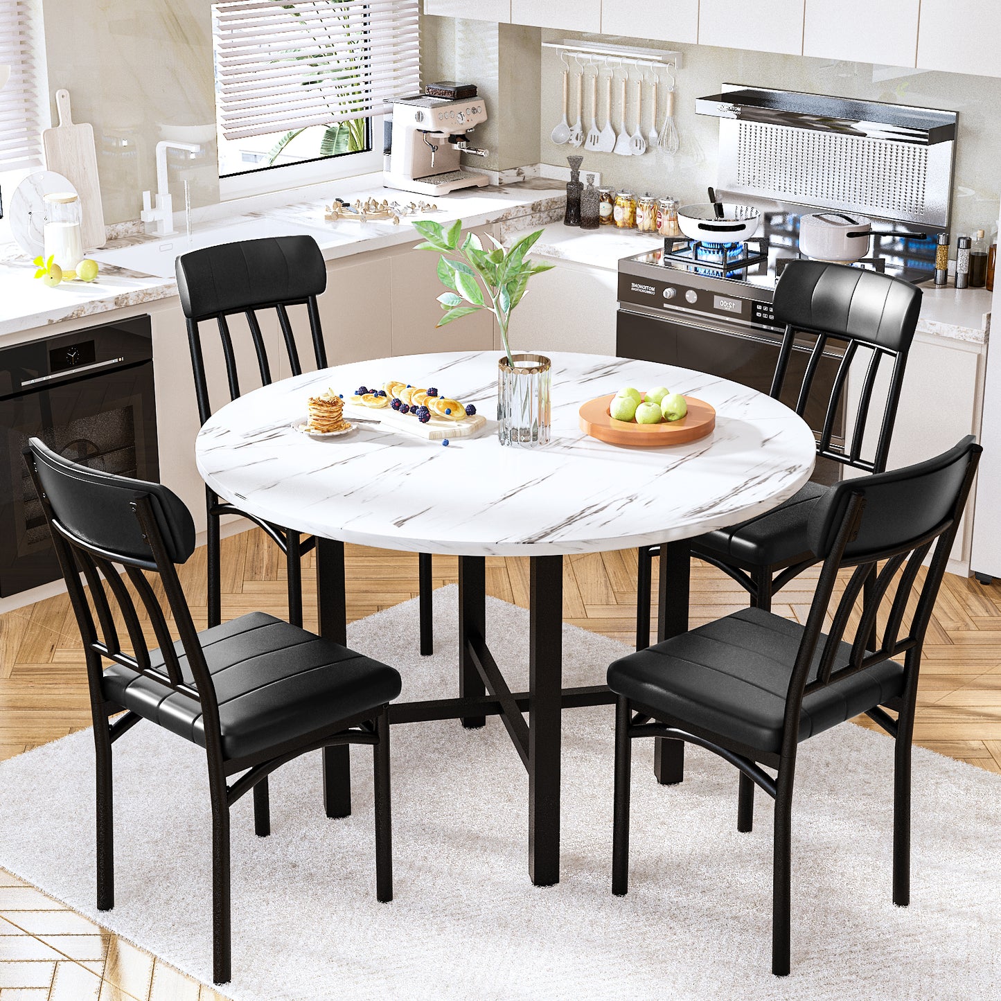 Furlinkhm Round Dining Table Set for 4,Round Kitchen Table and Chairs Set for 4,Modern Dining Room Table Set with 4 Faux Leather Chairs,Round Dinner Table for Small Space,Walnut