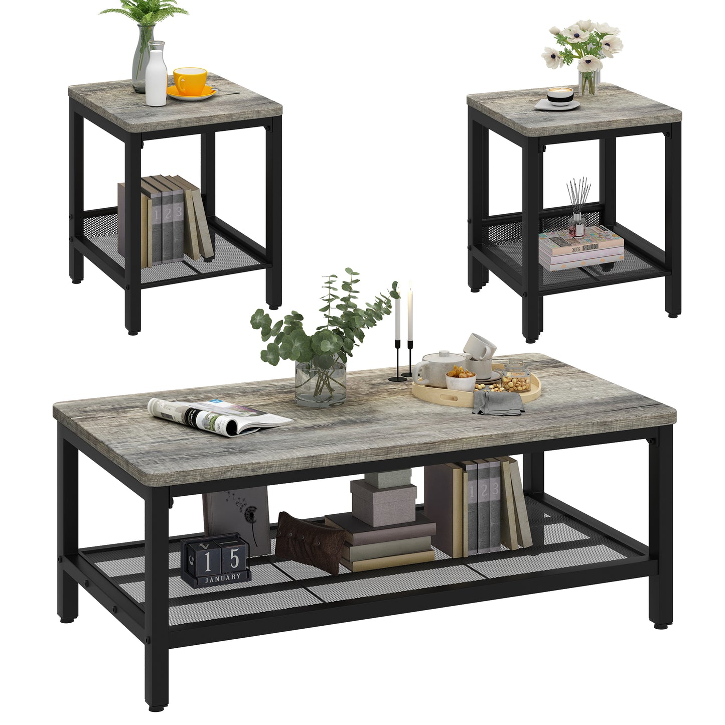 Furlinkhm 3 Pieces Living Room Table Set,Industrial Coffee Table with 2 Square End Side Tables,Coffee Table Set with Metal Frame for Apartment Home Office