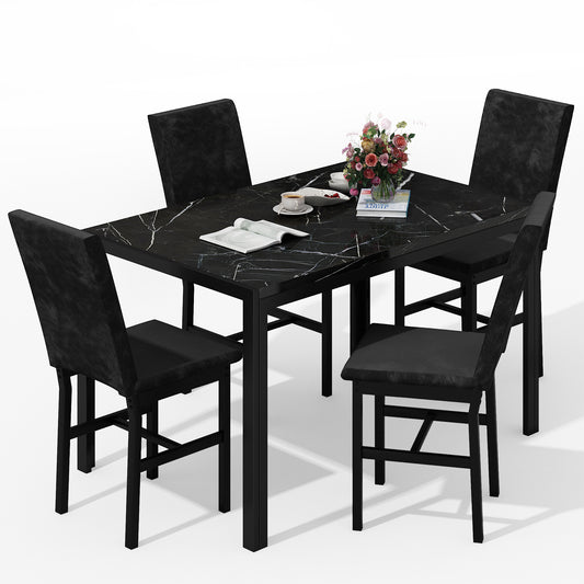 Furlinkhm Products 5-Piece Marble Dining Set, Modern Kitchen Table and Chairs for Dining Room, Compact Space Saving Furniture, Dinette, 4 Upholstered Velvet Chairs