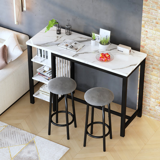 Furlinkhm Bar Table Set with Storage Shelves, 47" Modern White Faux Marble Breakfast Table with 2 Velvet Stools, 3-Piece Dining Set for 2, Space Saving Table for Kitchen/Dining Room/Living Room/Studio