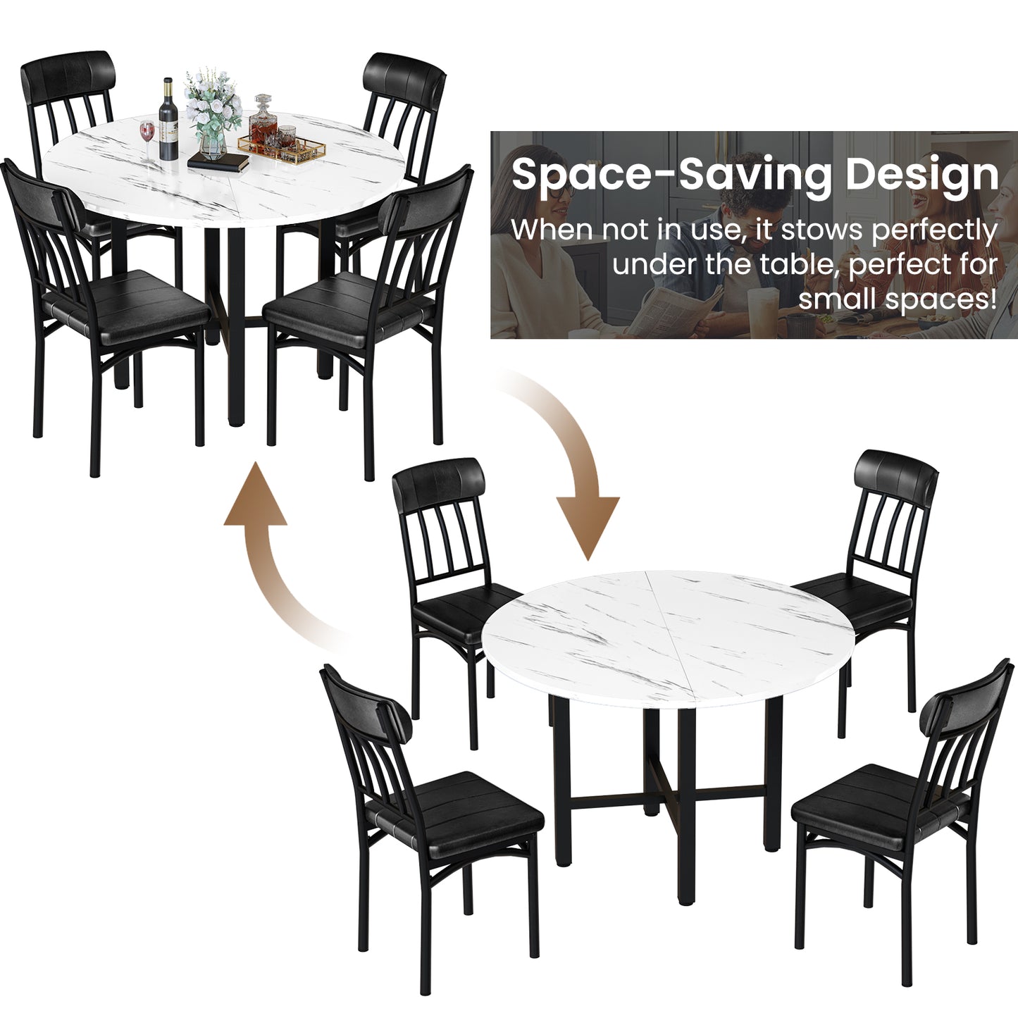 Furlinkhm Round Dining Table Set for 4,Round Kitchen Table and Chairs Set for 4,Modern Dining Room Table Set with 4 Faux Leather Chairs,Round Dinner Table for Small Space,Walnut