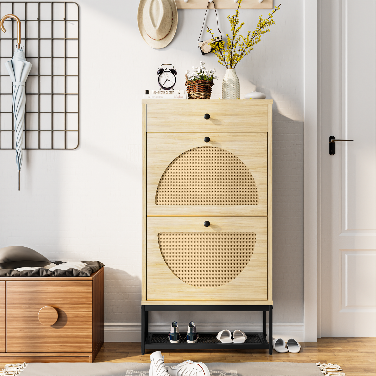 Furlinkhm Natural Rattan Shoe Cabinet with 2 Flip Drawers and 1 Pull Drawer, Slim Shoe Storage Cabinet Entrance Hallway Free Standing Shoe Rack with Metal Frame for Sneaker, Sandal, Boot, Slipper