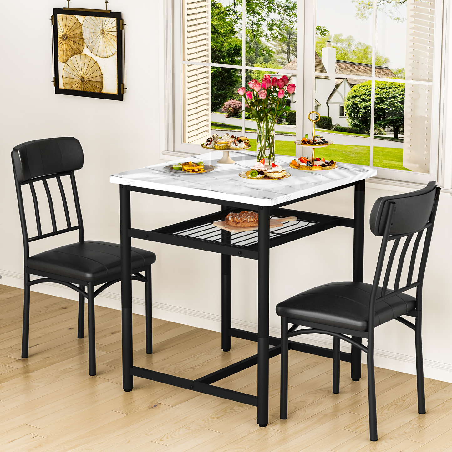Furlinkhm Square Dining Table Set for 2,Compact Bistro Table with Upholstered Chairs, Space Saving Kitchen Breakfast Nook, Built-in Storage Rack 3-Piece Modern Dining Set for Kitchen&Dining