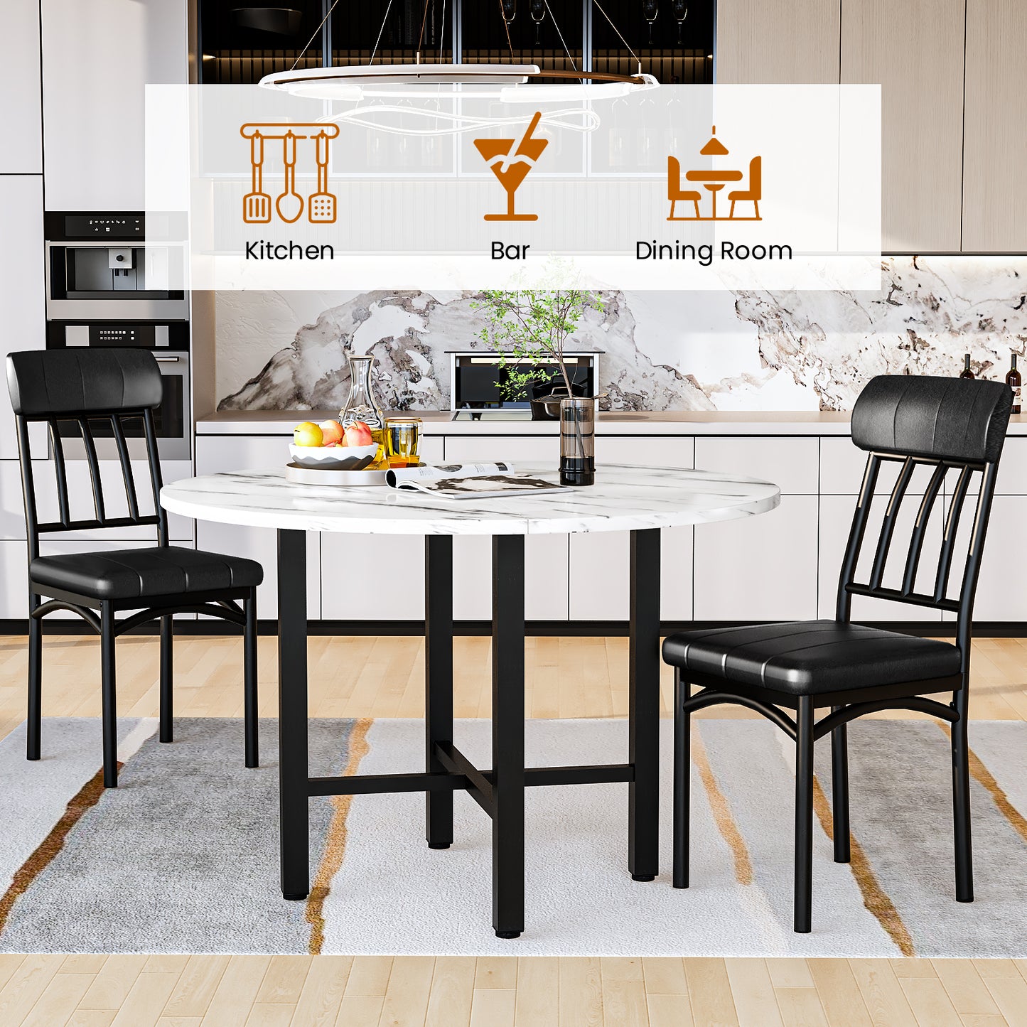 Furlinkhm Round Dining Table Set for 4,Round Kitchen Table and Chairs Set for 4,Modern Dining Room Table Set with 4 Faux Leather Chairs,Round Dinner Table for Small Space,Walnut