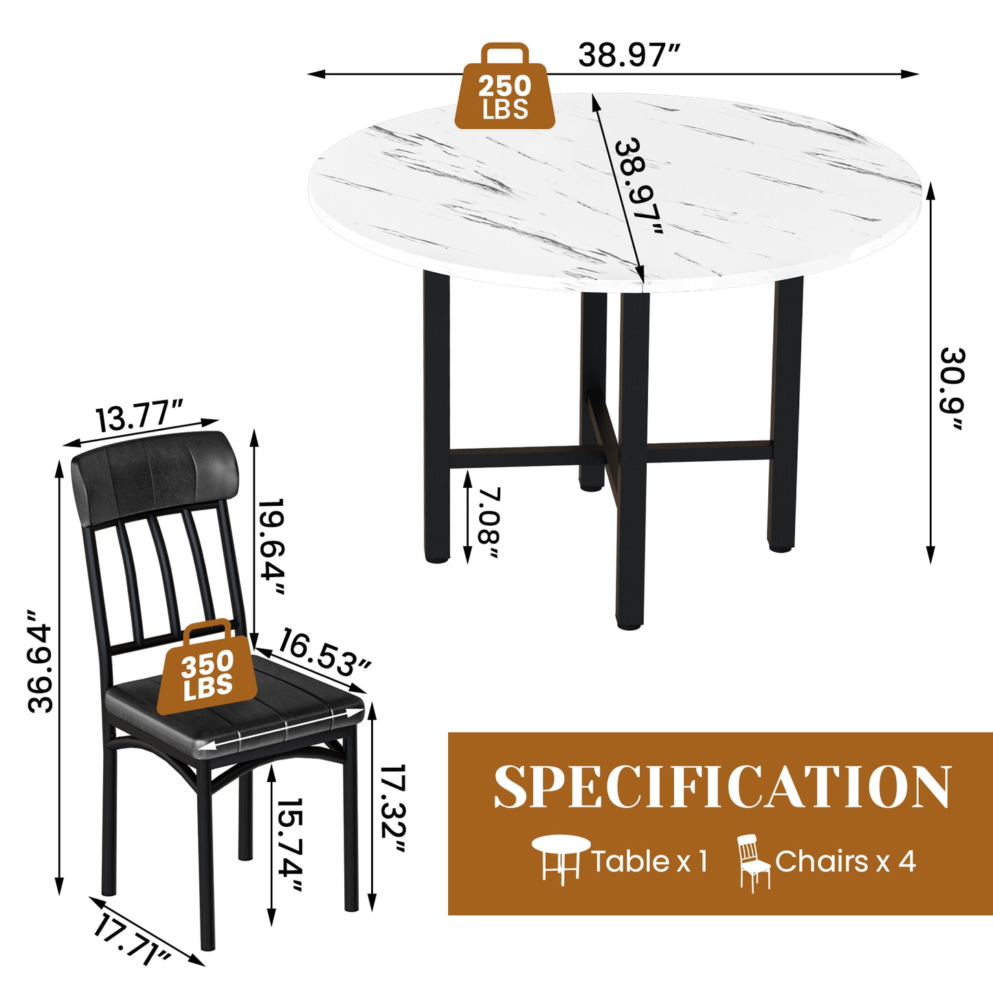Furlinkhm Round Dining Table Set for 4,Round Kitchen Table and Chairs Set for 4,Modern Dining Room Table Set with 4 Faux Leather Chairs,Round Dinner Table for Small Space,Walnut