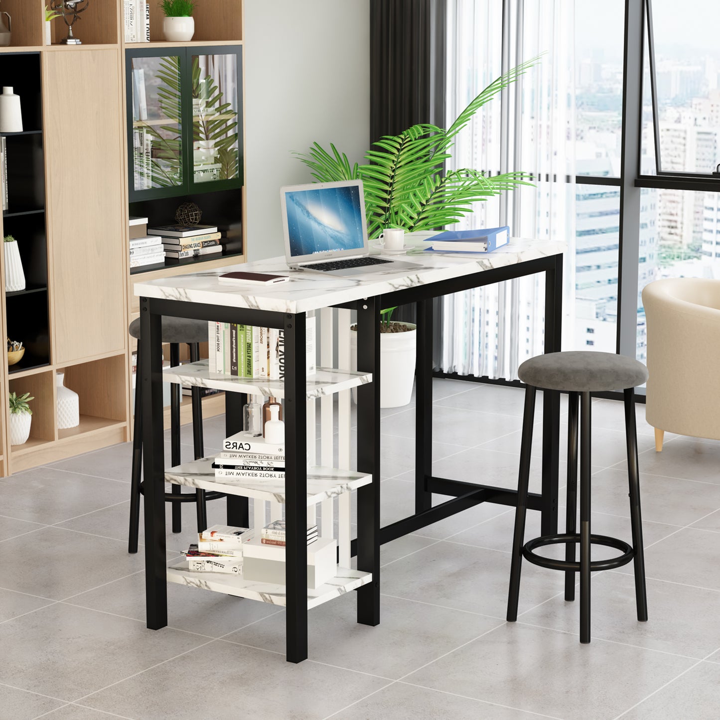 Furlinkhm Bar Table Set with Storage Shelves, 47" Modern White Faux Marble Breakfast Table with 2 Velvet Stools, 3-Piece Dining Set for 2, Space Saving Table for Kitchen/Dining Room/Living Room/Studio